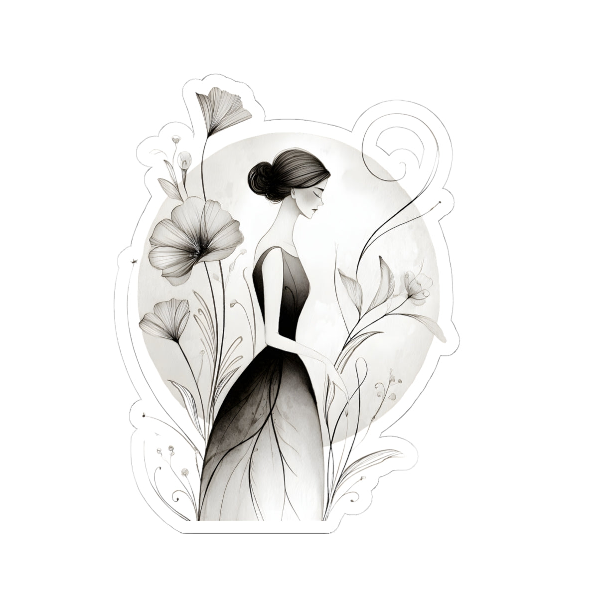 Elegant Floral Girl Kiss-Cut Sticker — Monochrome Botanical Laptop Decal