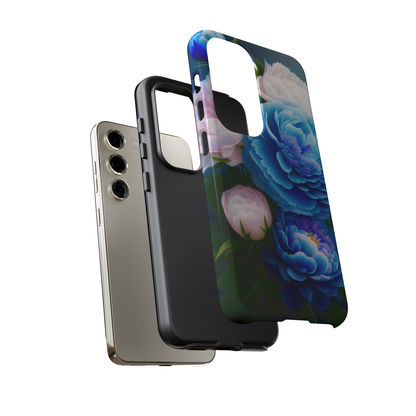 Floral Blue Peony Phone Case — Protective Tough Case with Pink & Blue Blooms