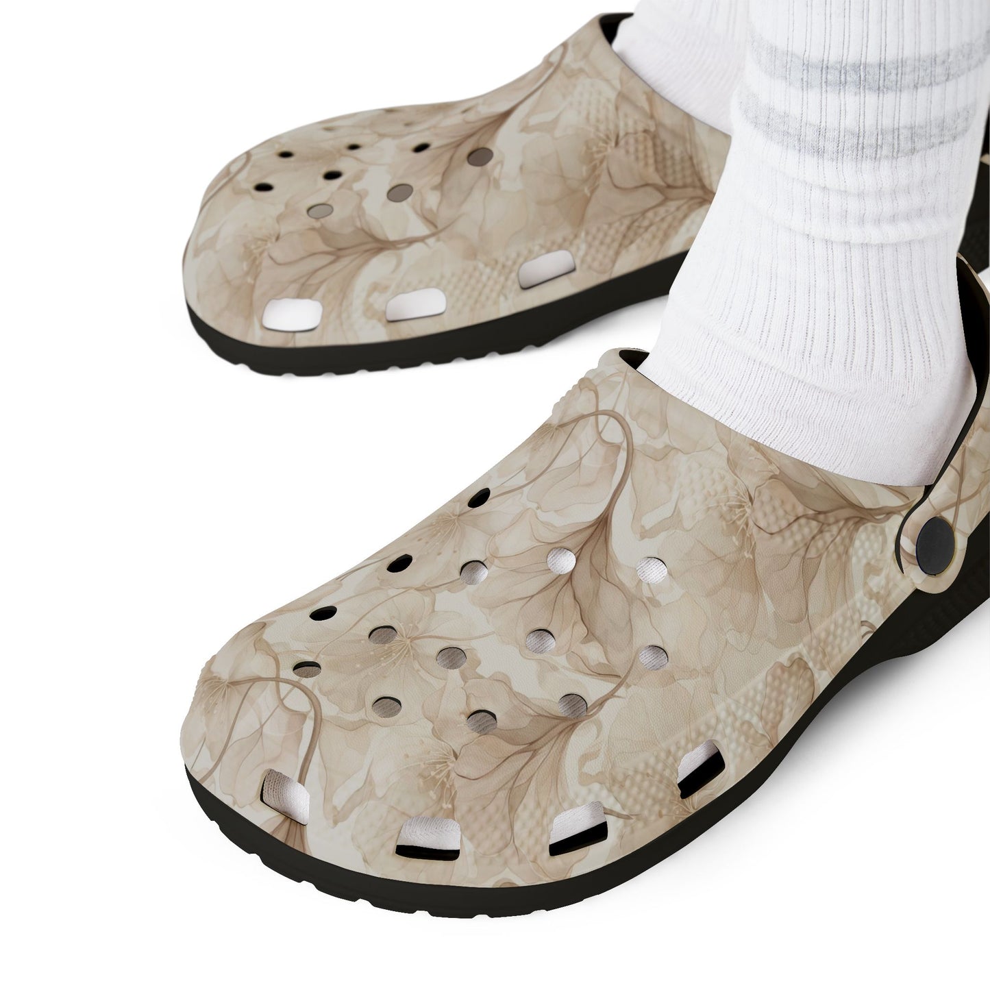 Beige Watercolor Floral Clogs — Lightweight EVA Foam Slip-On Shoes