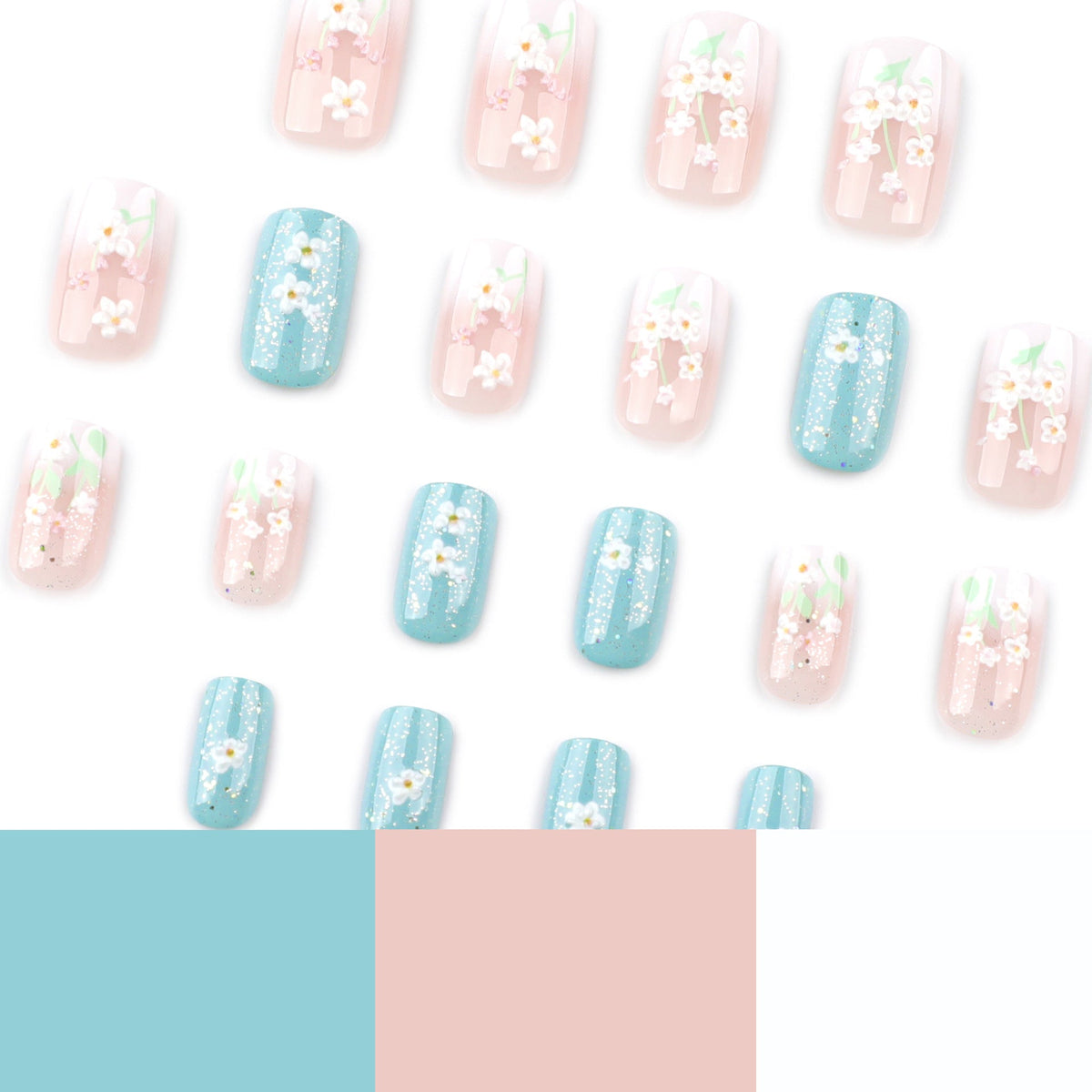 3D fresh flower manicure medium and long white gradual change press on nails fake nail square press on nails – Image 4