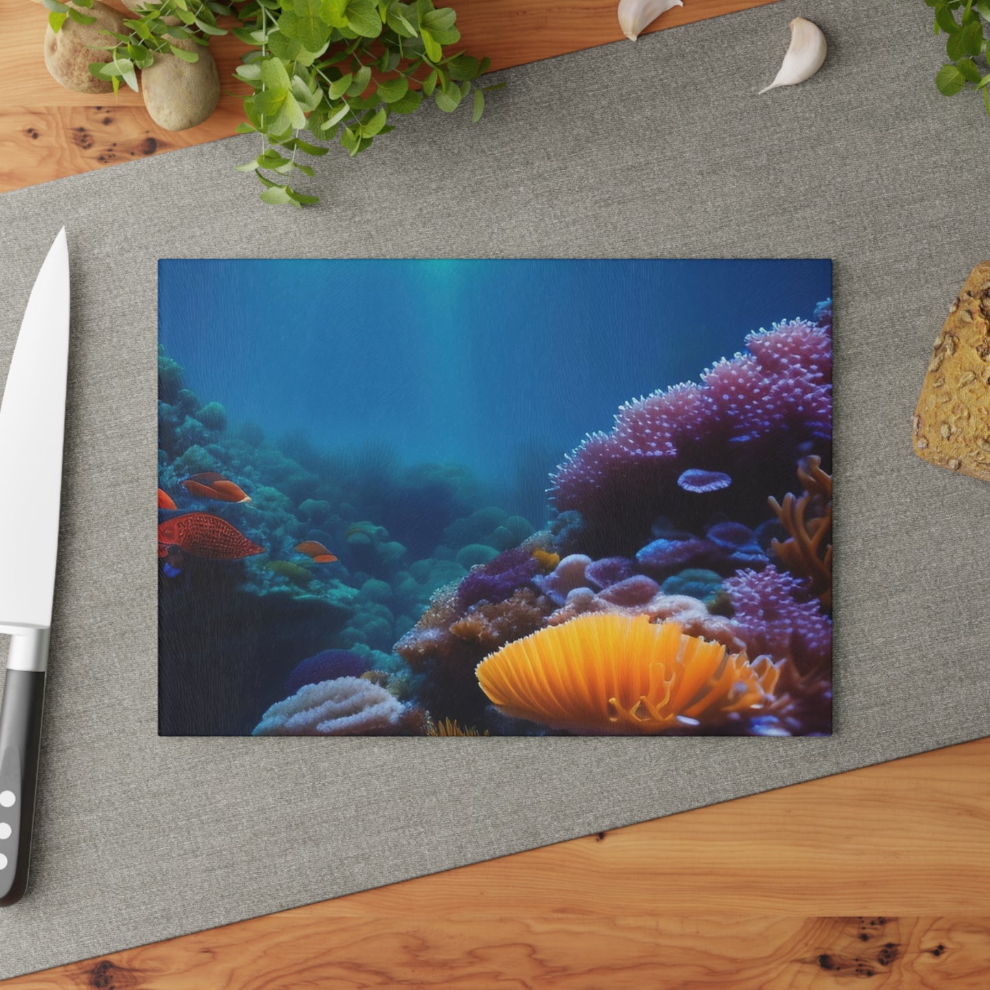 Ocean Coral Glass Cutting Board — Underwater Reef Kitchen Board