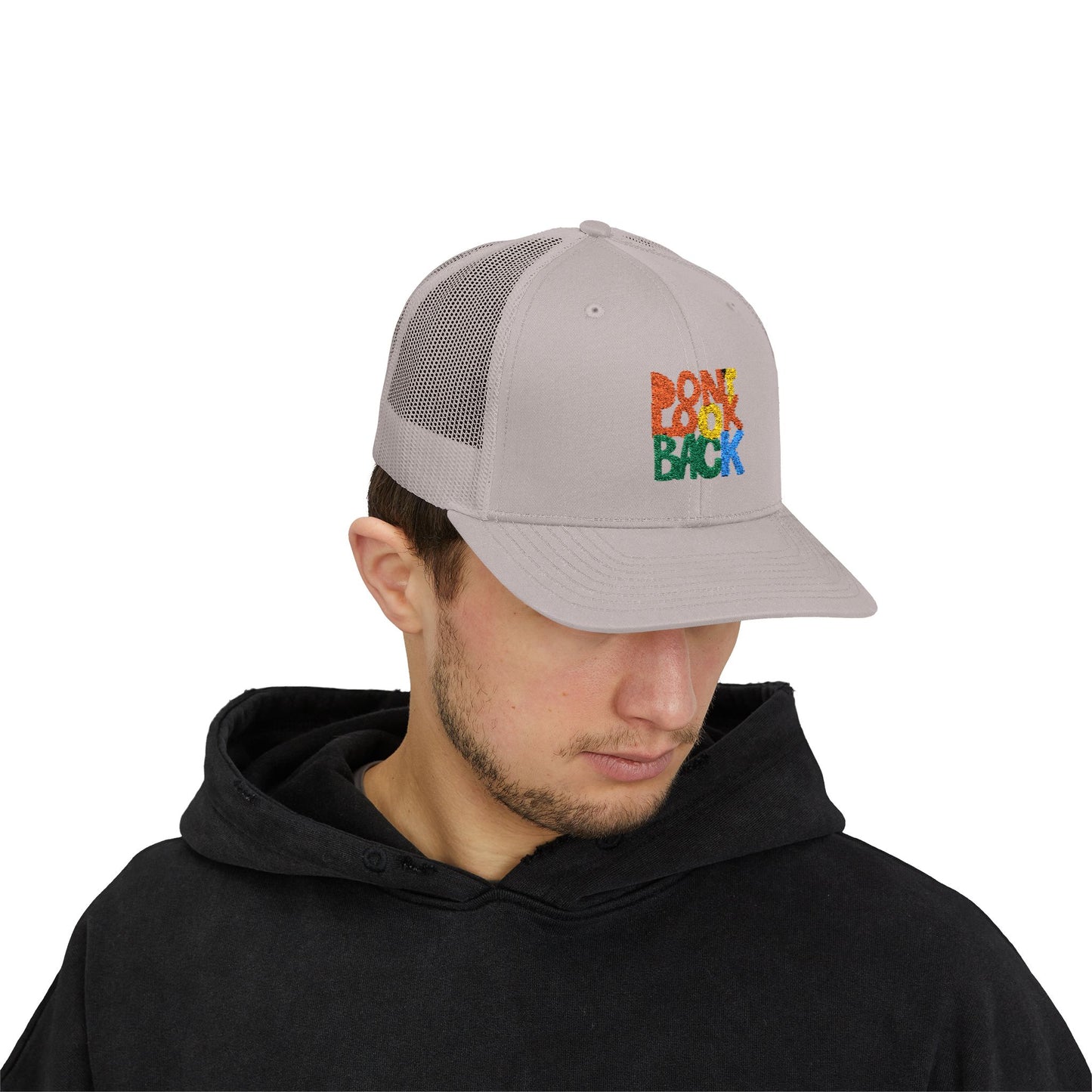 Don’t Look Back Snapback Trucker Cap — Retro Rainbow Embroidered Hat