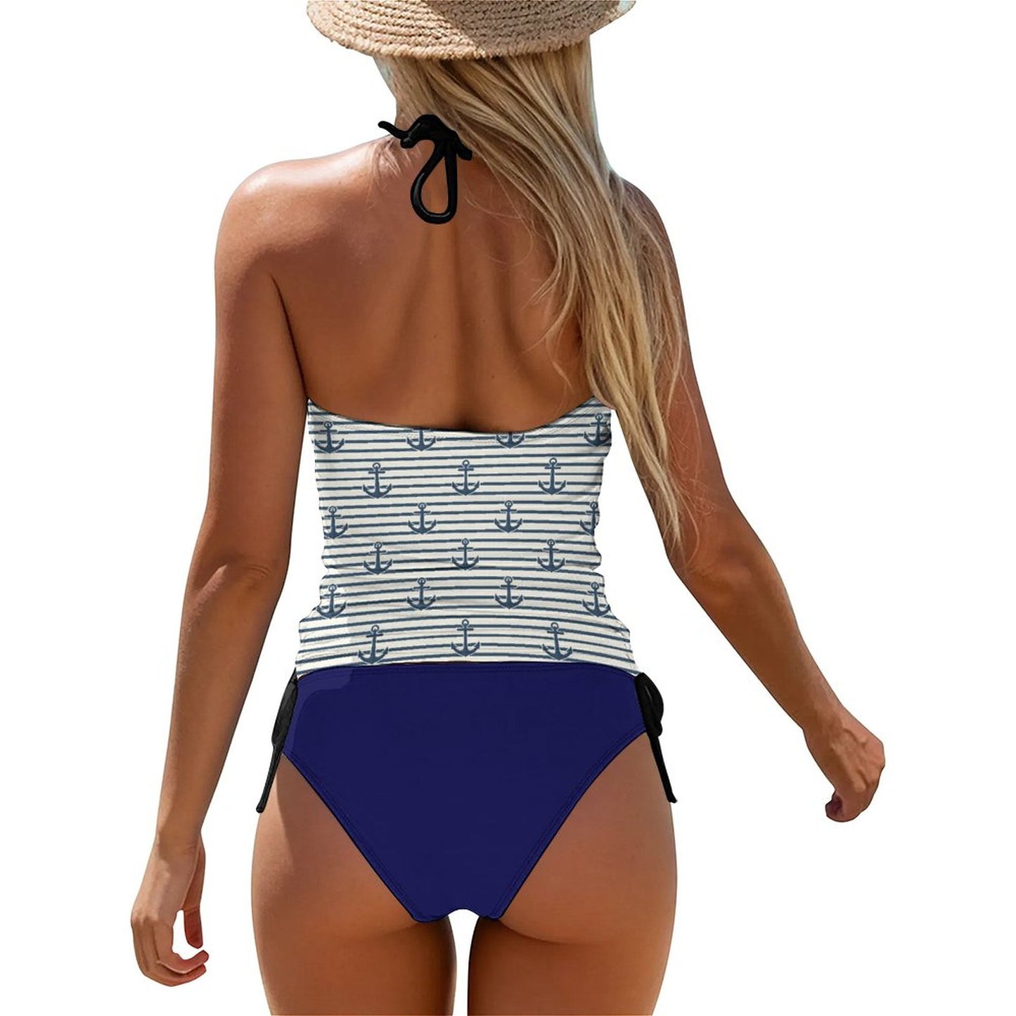 2-Piece Women's Tankini Set with High Neck Halter Top Marine Anchor