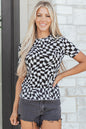Black Checkered Print Crew Neck Mesh T Shirt