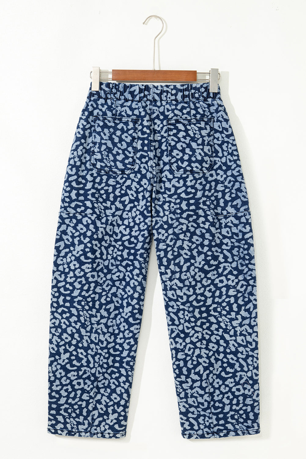 Blue Leopard Printed Drawstring Elastic Waistband Pocketed Barrel Jeans