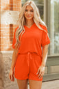 Orange Textured V Neck T Shirt and Shorts Set