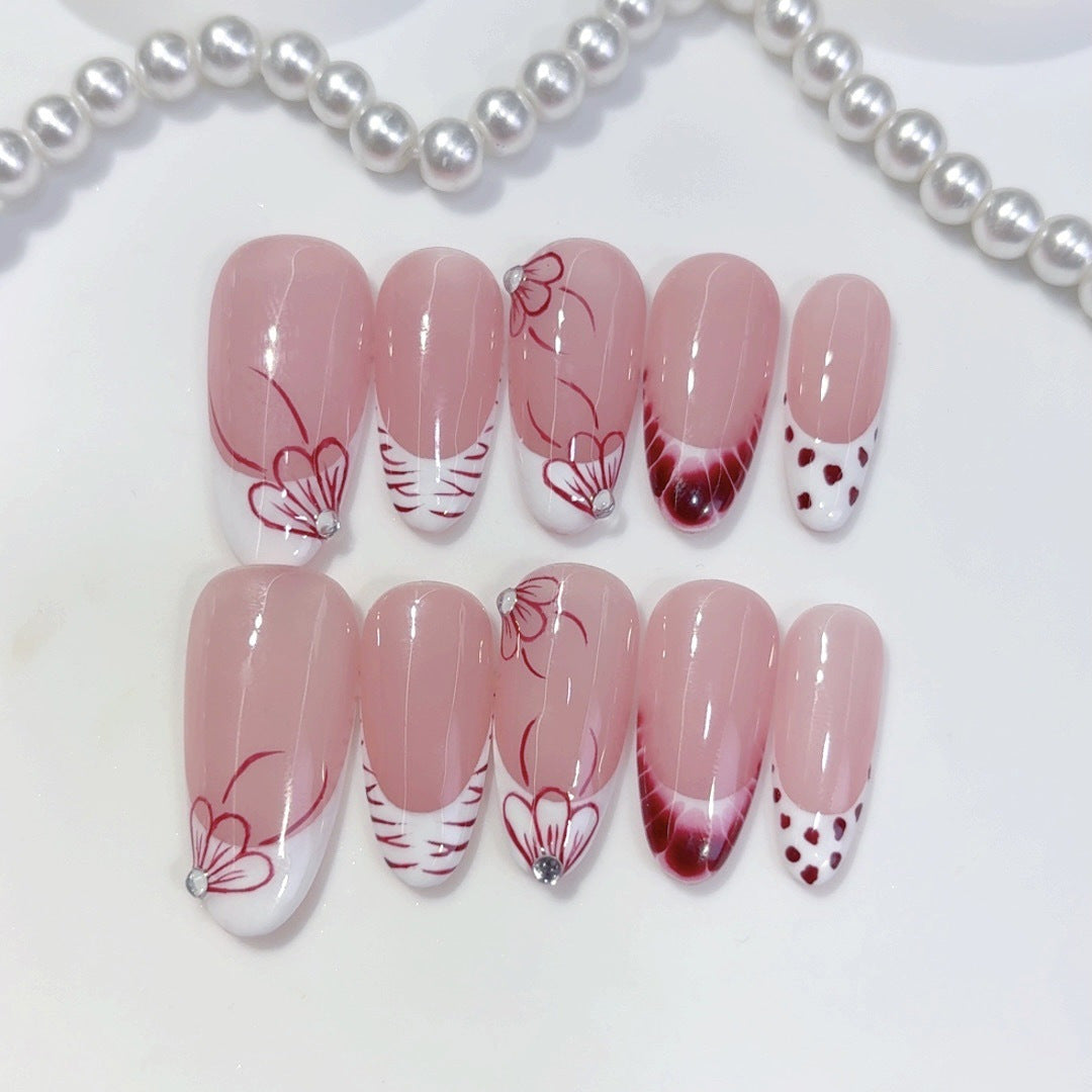 Red Bloom: "Nude Red Floral" – Almond Shape Handmade Press-On Nails – Image 4