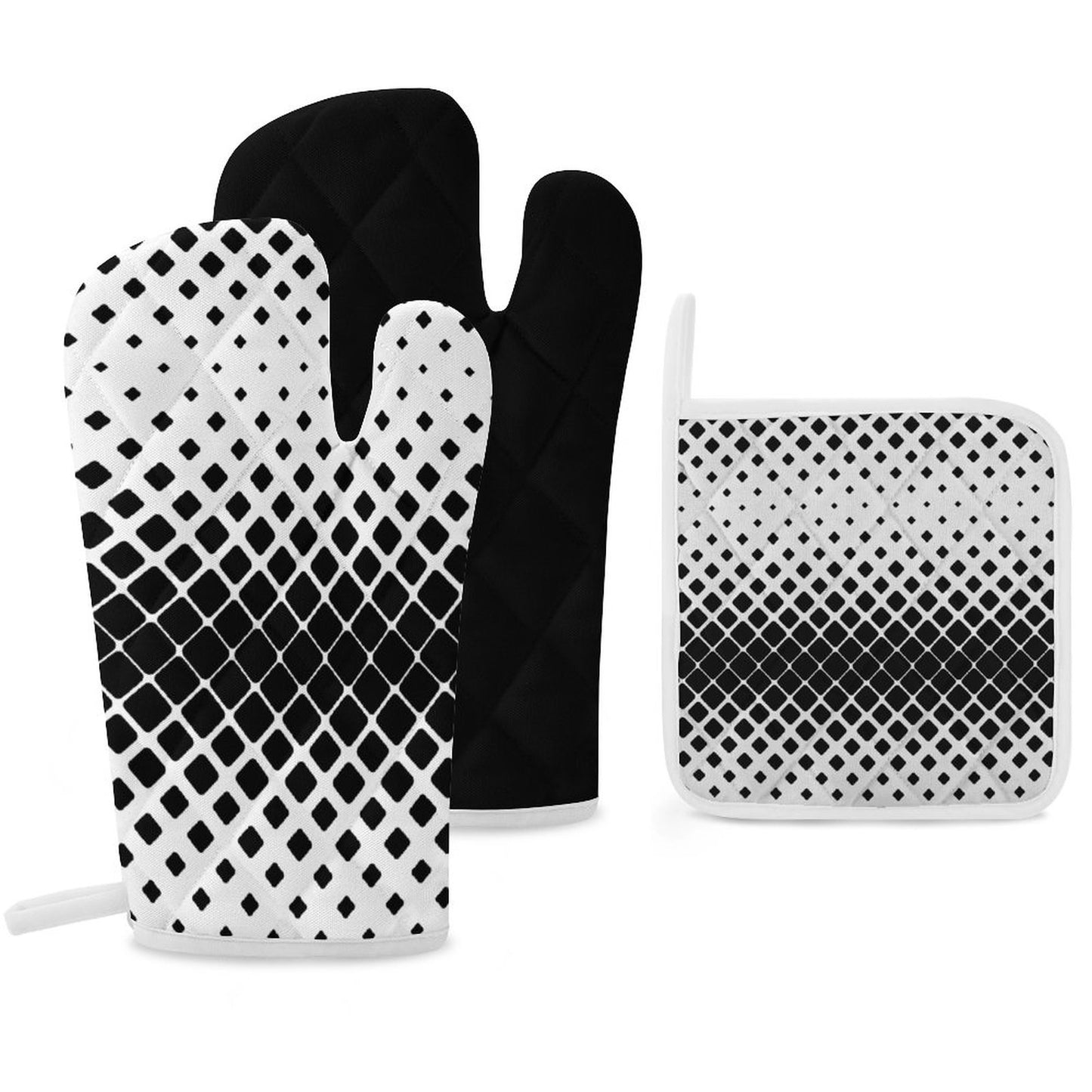Oven Mitts & Pot Holder Set of 3 Black and White