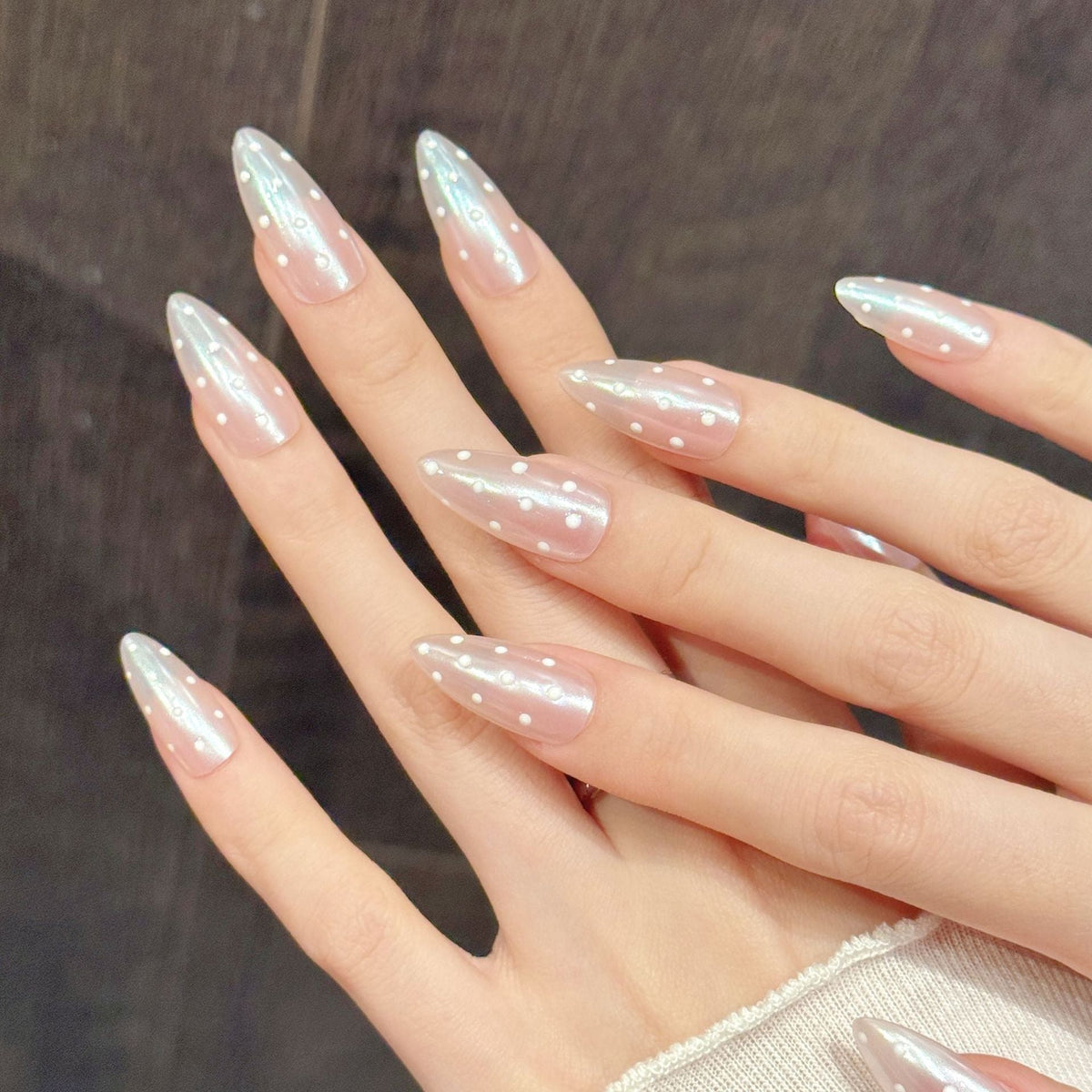365nails: "Nude Polka Dream" – Translucent Pearl Dot Handmade Almond Nails – Image 3
