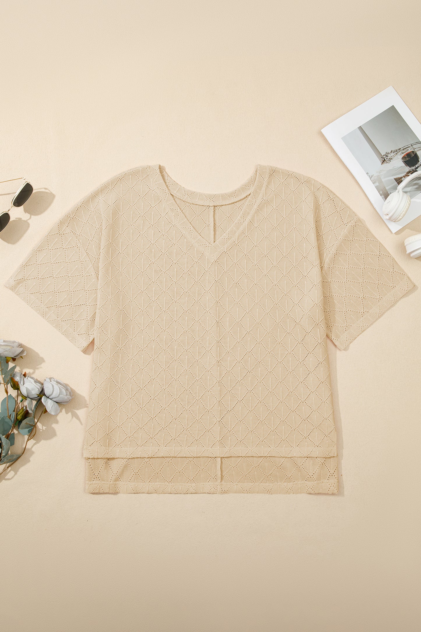 Golden Fleece Pointelle Rhombus Knit Plus Size V Neck Loose Top