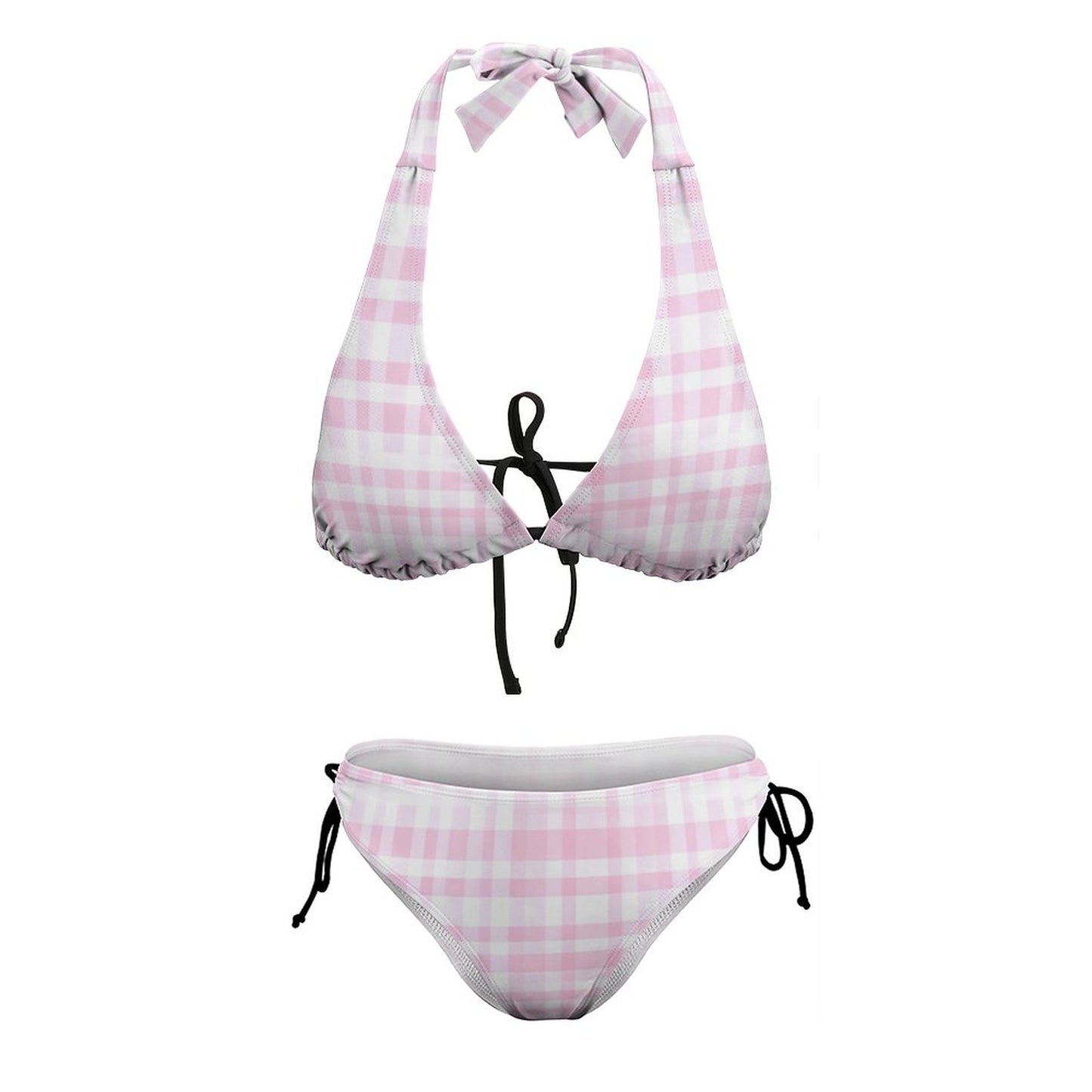 Two Piece Halter Swimsuit Pink Plaid