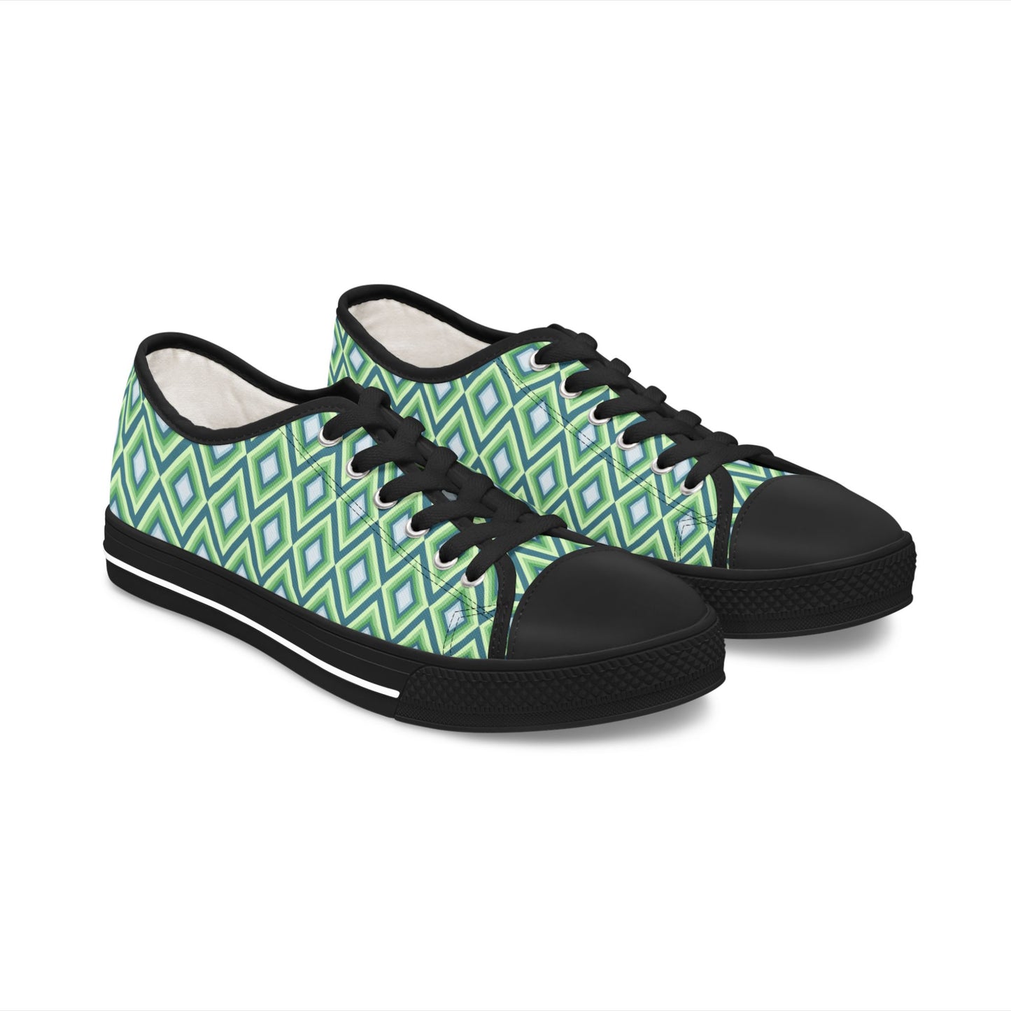 Green Geometric Diamond Pattern Women's Low Top Sneakers — Casual Retro Graphic Tennis Shoes