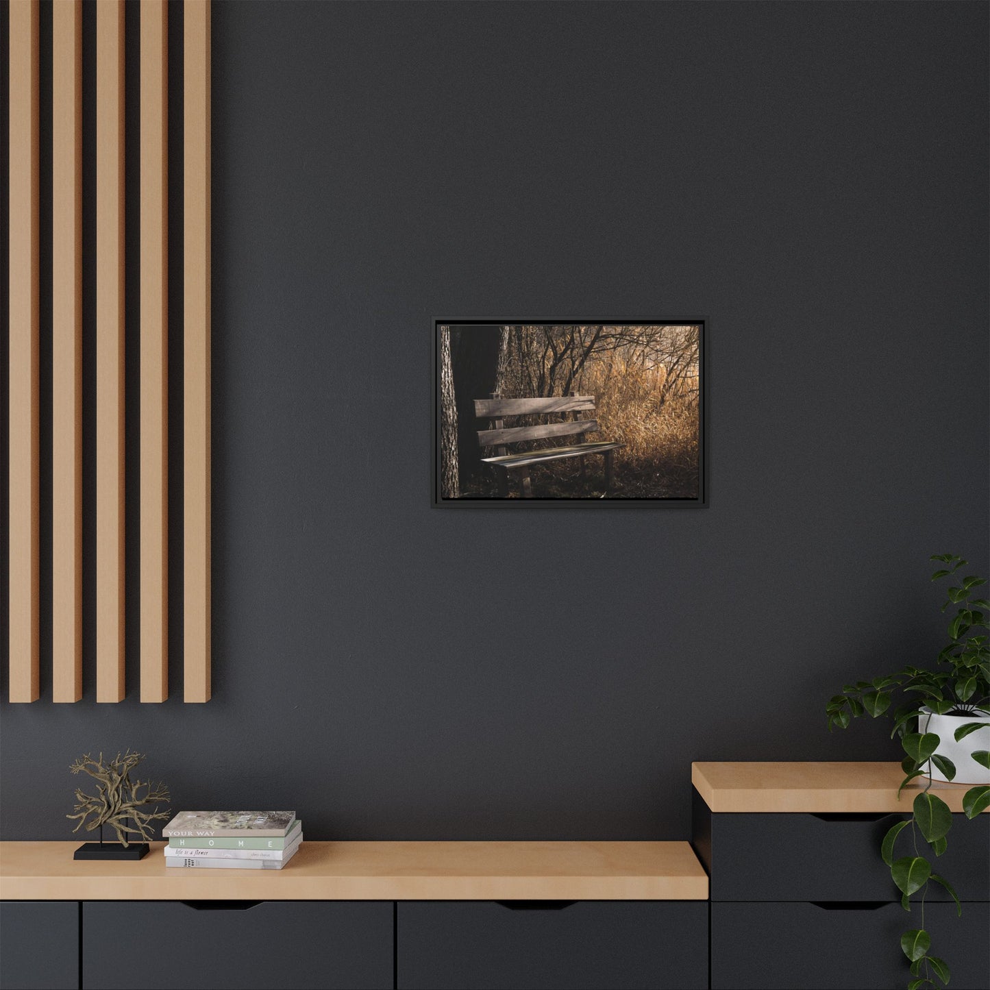 Framed Matte Canvas Print — Autumn Park Bench Photography