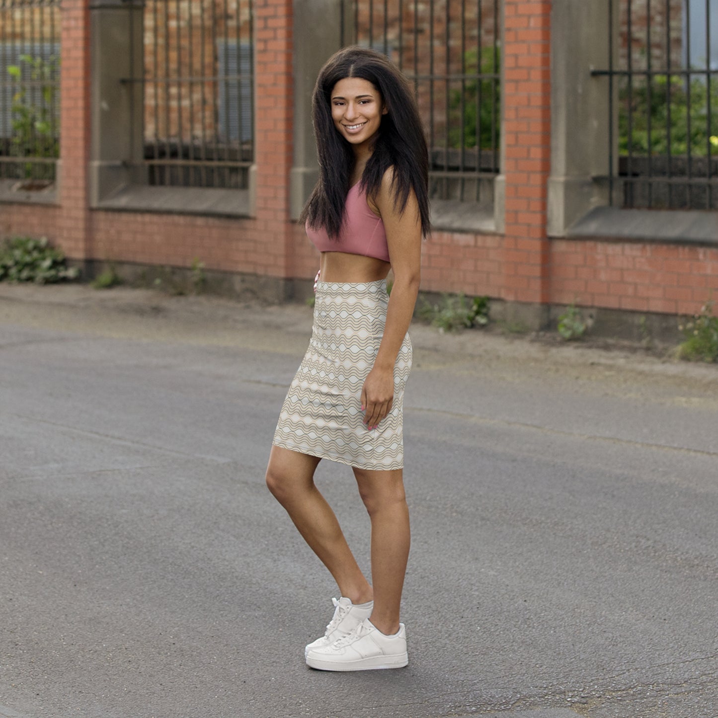 Wavy Neutral Midi Pencil Skirt — Beige Organic Wave Pattern