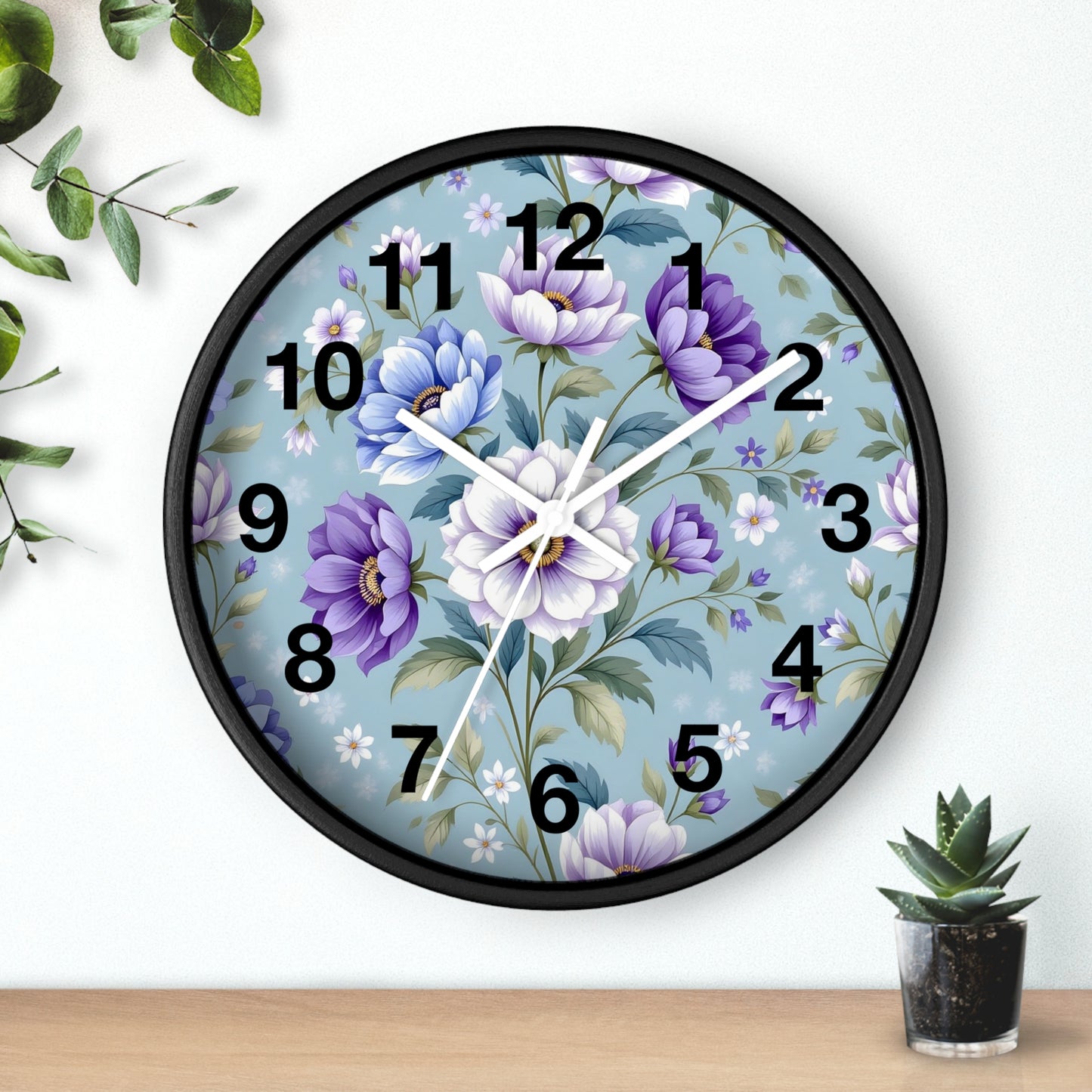 Floral Wall Clock — Vintage Purple & Blue Peony Garden Clock