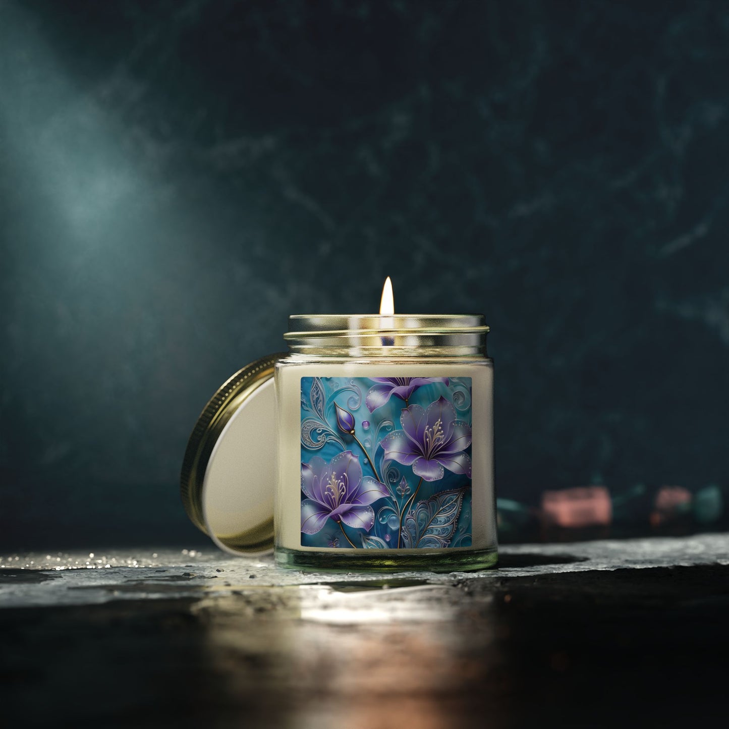 Scented Candle — Coconut Apricot Wax (4oz & 9oz) with Blue Floral Art