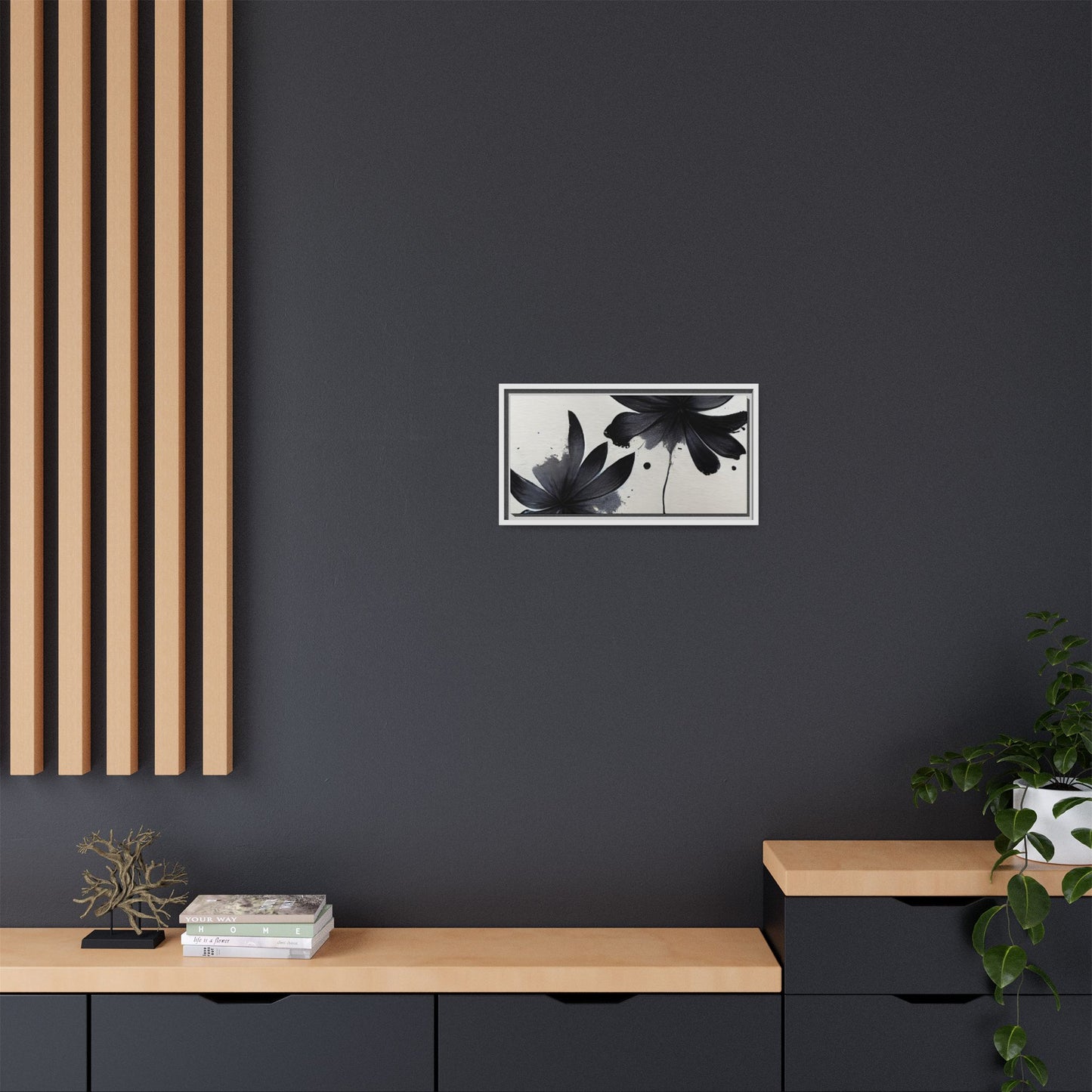 Framed Black Floral Matte Canvas Wall Art — Monochrome Botanical Print