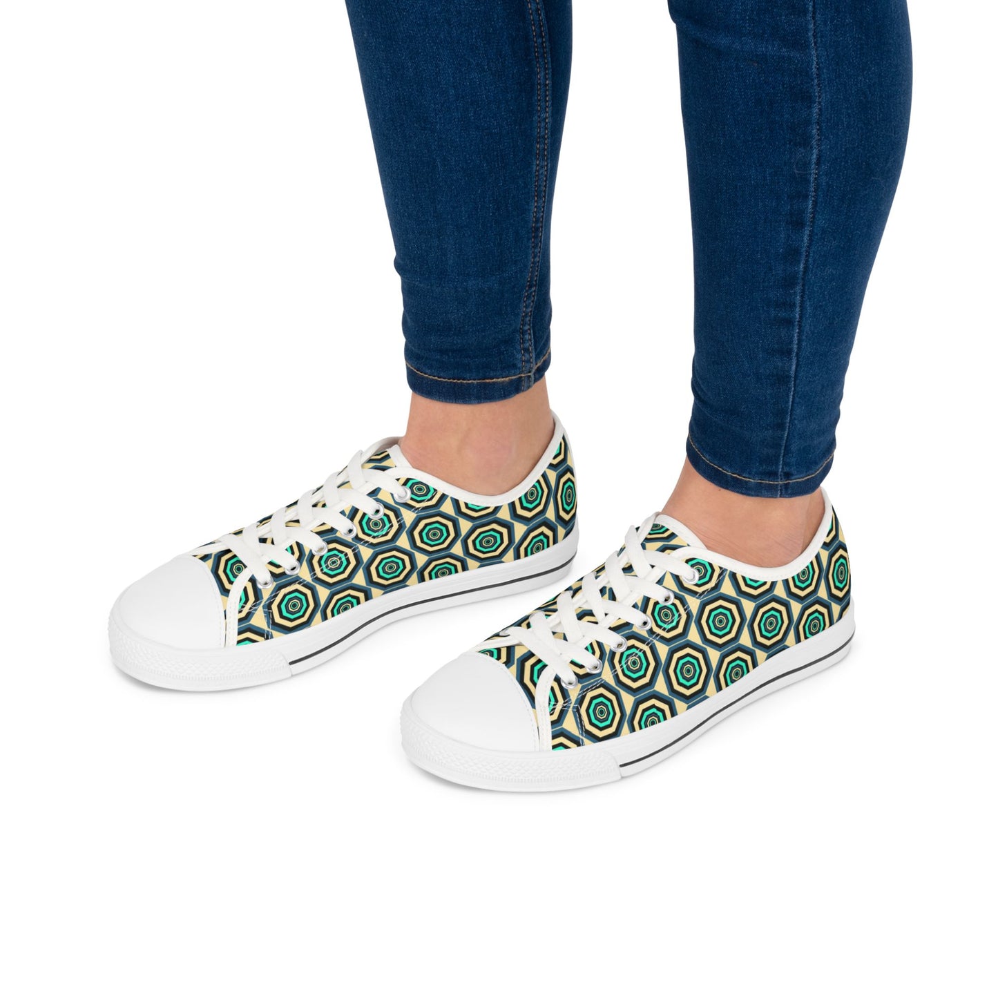 Geometric Retro Hexagon Women's Low Top Sneakers — Green Teal Patterned Canvas Shoes