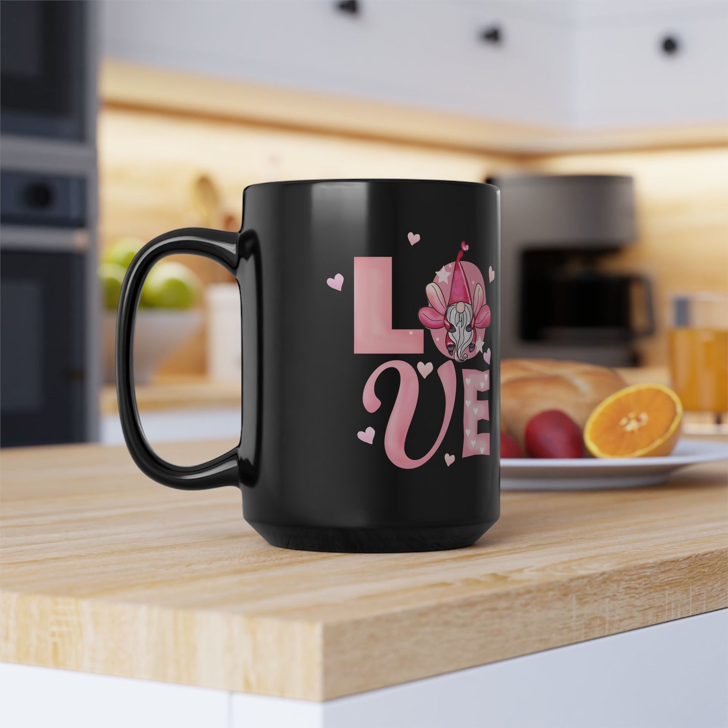 Love Florals 15oz Black Mug — Pink Heart & Lotus Coffee Cup