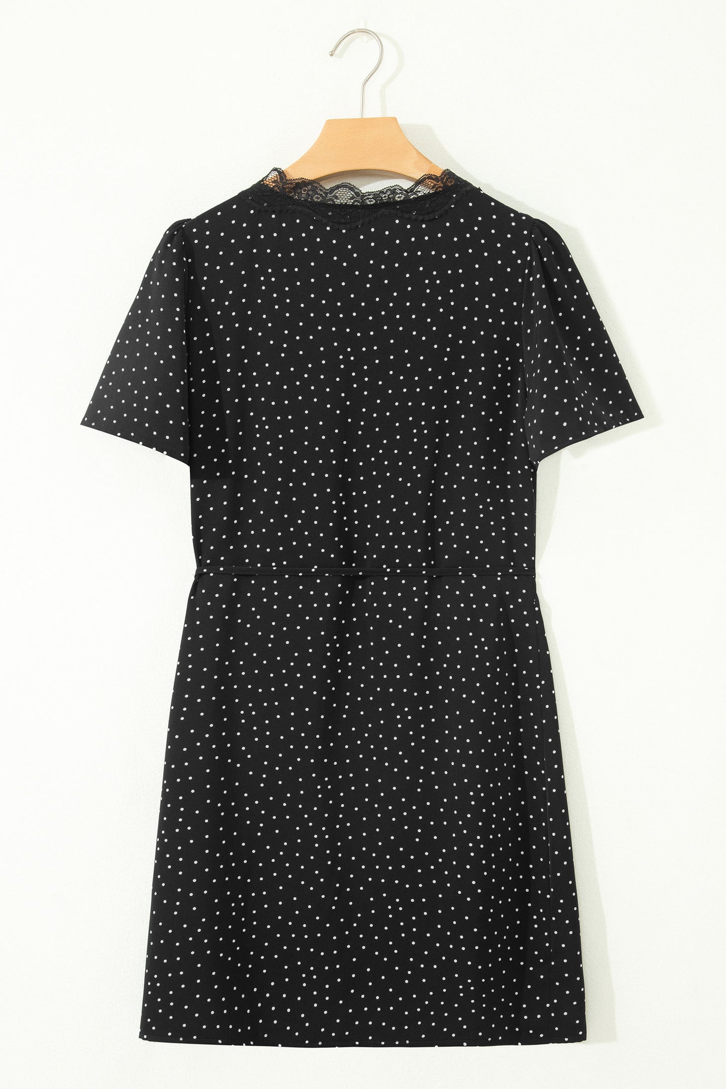 Black Polka Dot Print Lace Trim Wrap Mini Dress