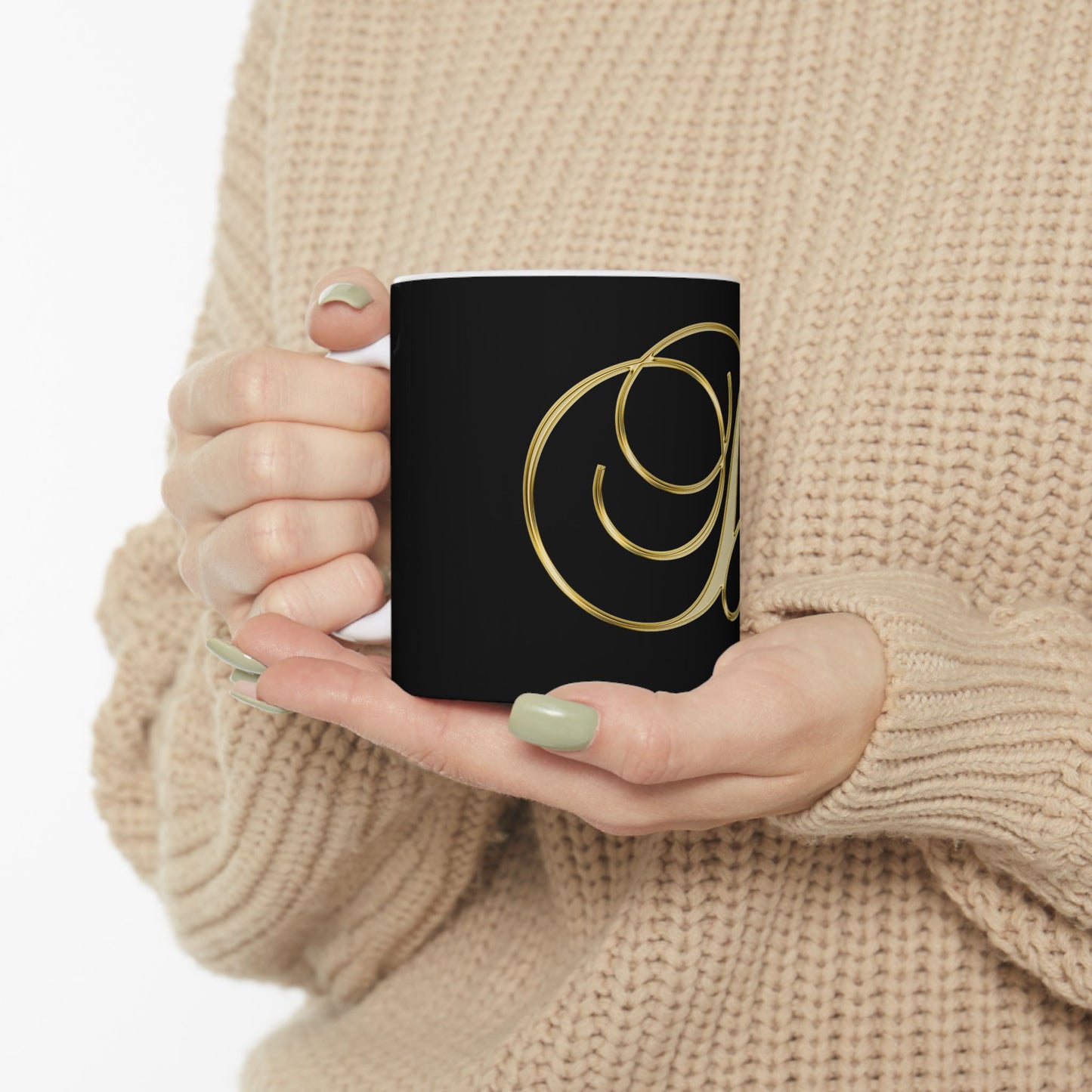 Monogram 'D' Gold Script Ceramic Mug — Elegant Initial Coffee Cup (11oz, 15oz)