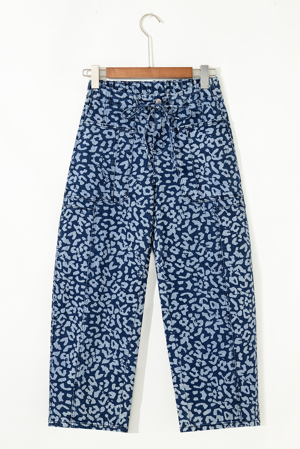Blue Leopard Printed Drawstring Elastic Waistband Pocketed Barrel Jeans