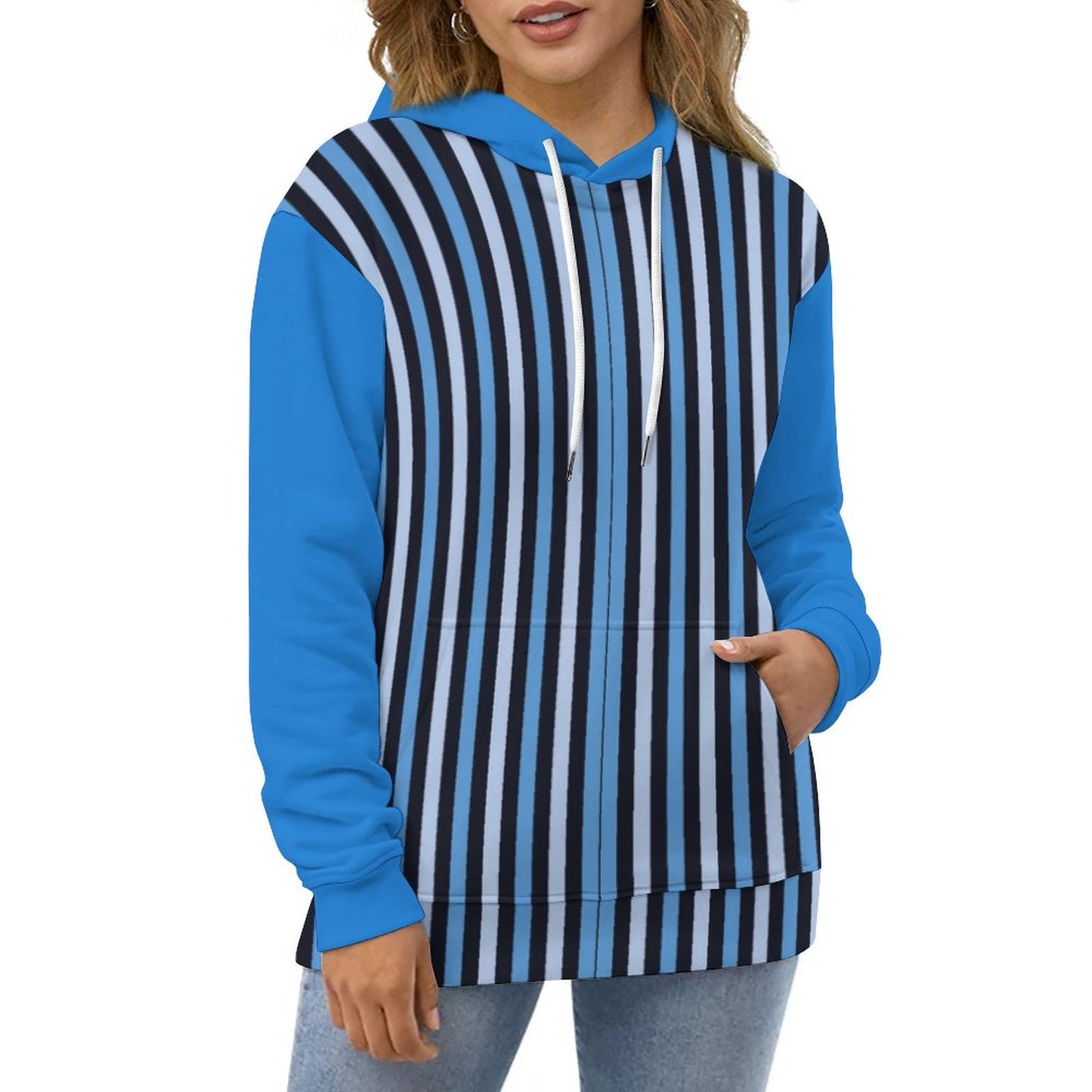 Cool Hoodie with Double-layer Cap Blue Stripes