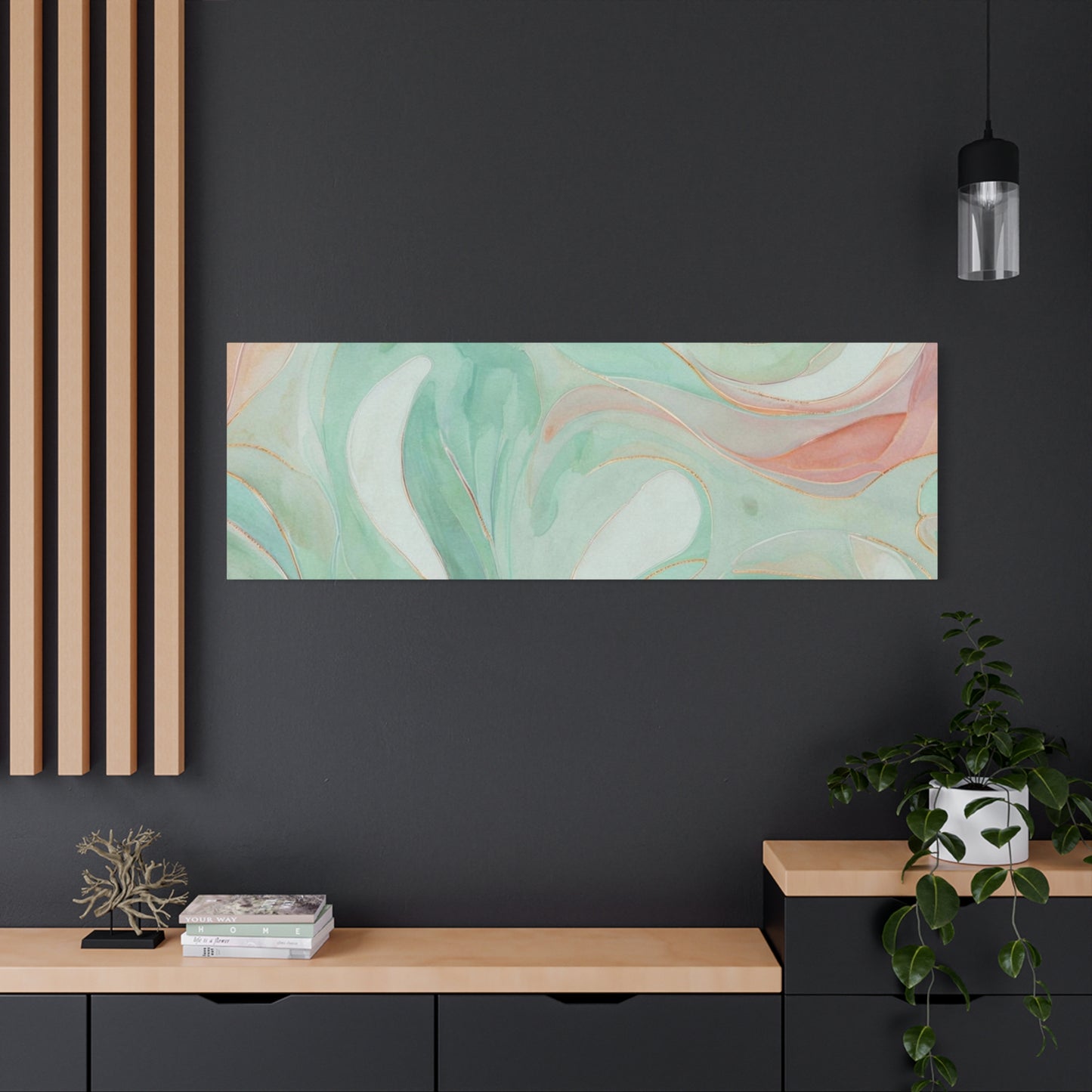 Abstract Green Marble Canvas Print — Teal & Coral Swirl Wall Art