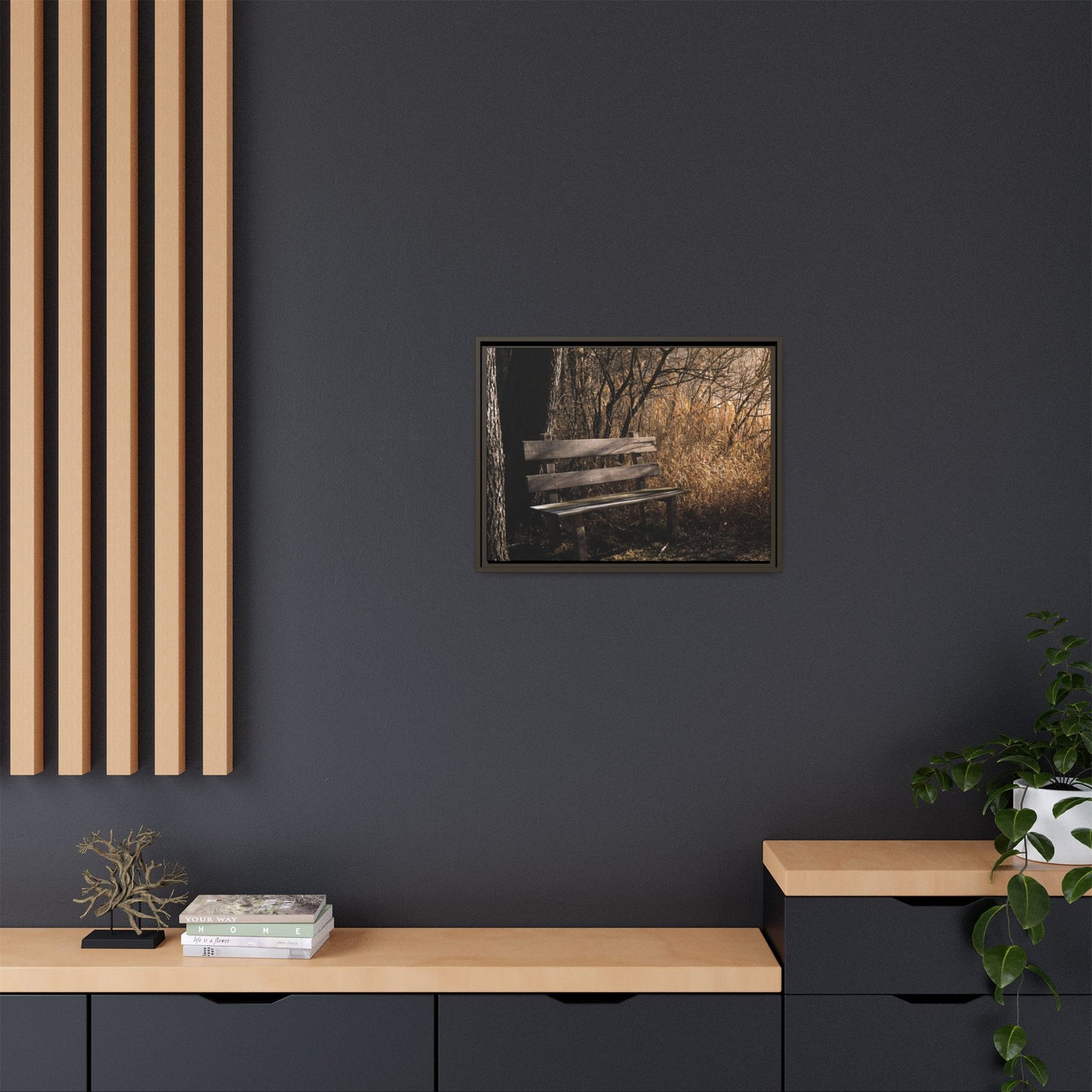 Framed Matte Canvas Print — Autumn Park Bench Photography