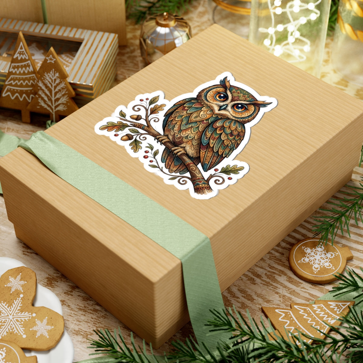 Owl Kiss-Cut Sticker — Detailed Boho Forest Owl on Branch (Laptop, Journal, Water Bottle Decal)