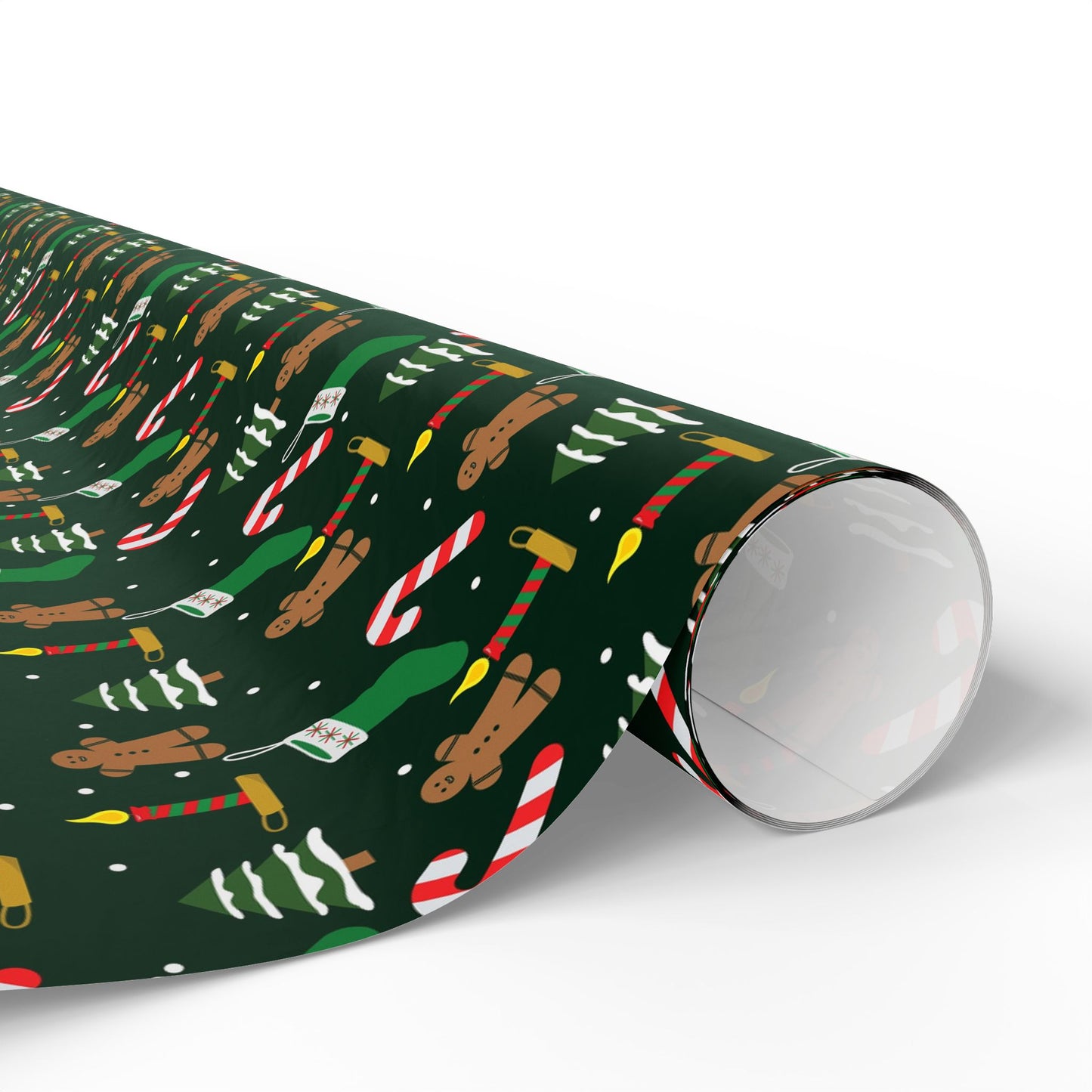 Christmas Wrapping Paper Roll — Gingerbread & Candy Cane Pattern on Dark Green
