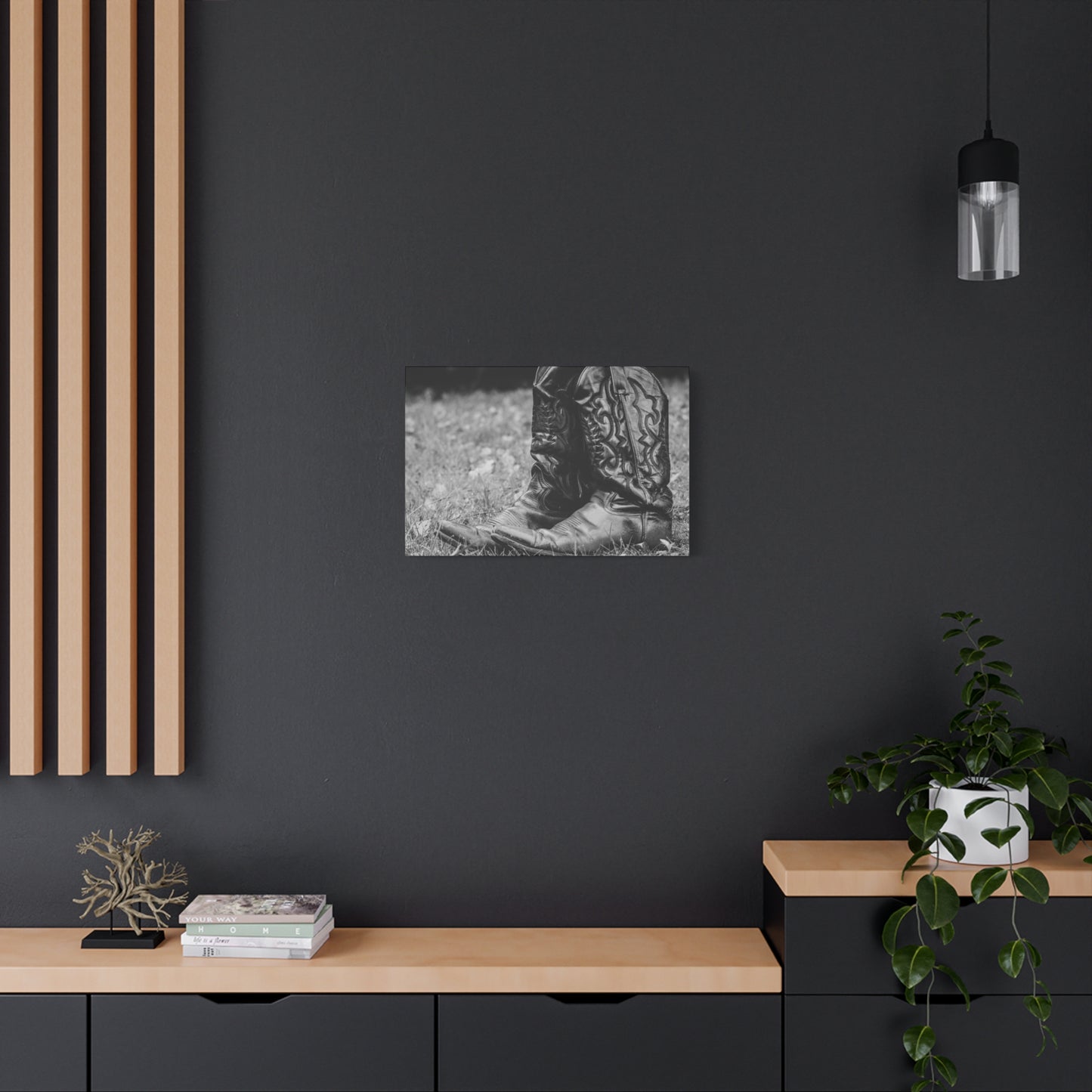 Western Cowboy Boots Matte Canvas Wall Art – Black & White Rustic Country Decor