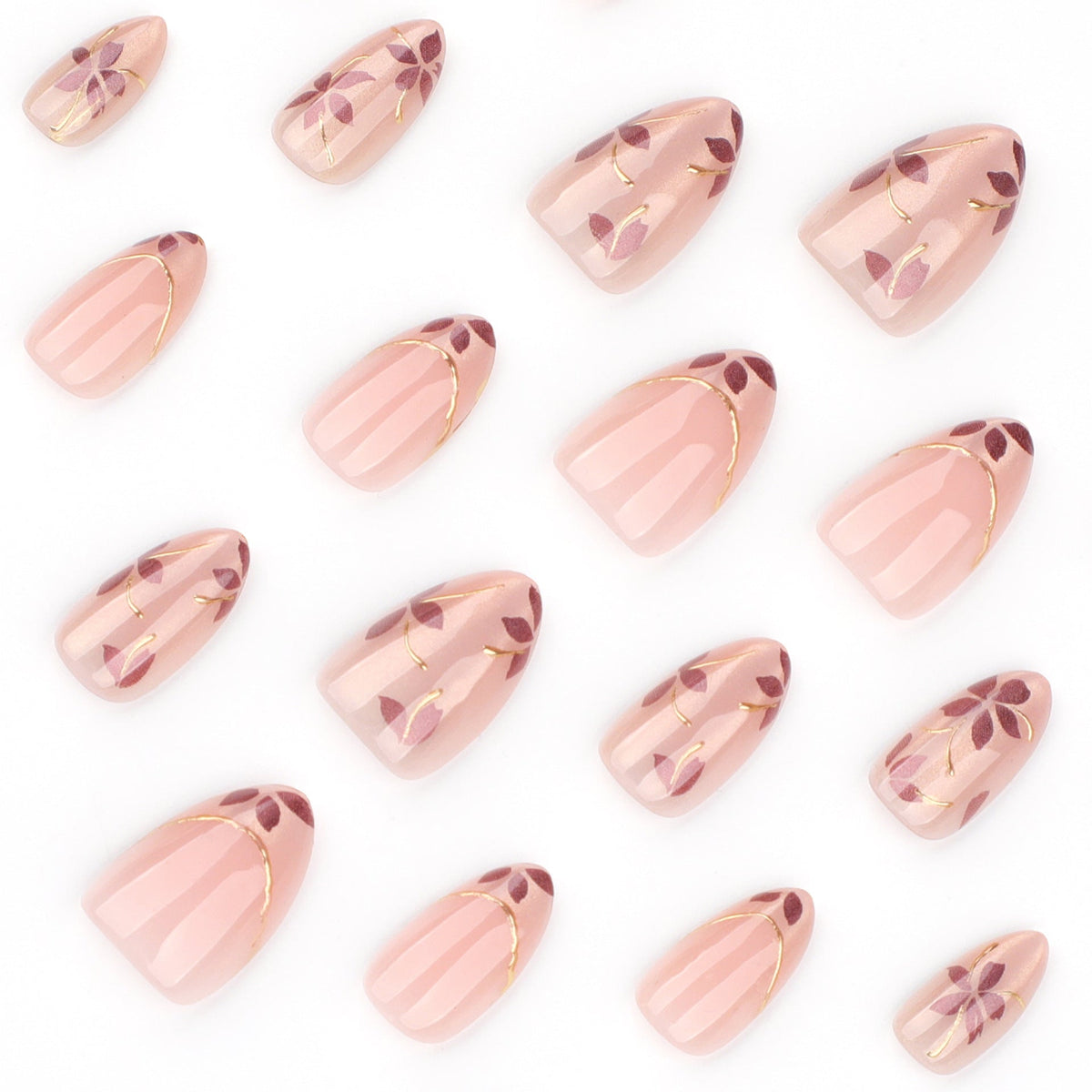 365nails: "Rose Gold Floral Almond" – Nude Press-on Nails with Gold Accents – Image 3