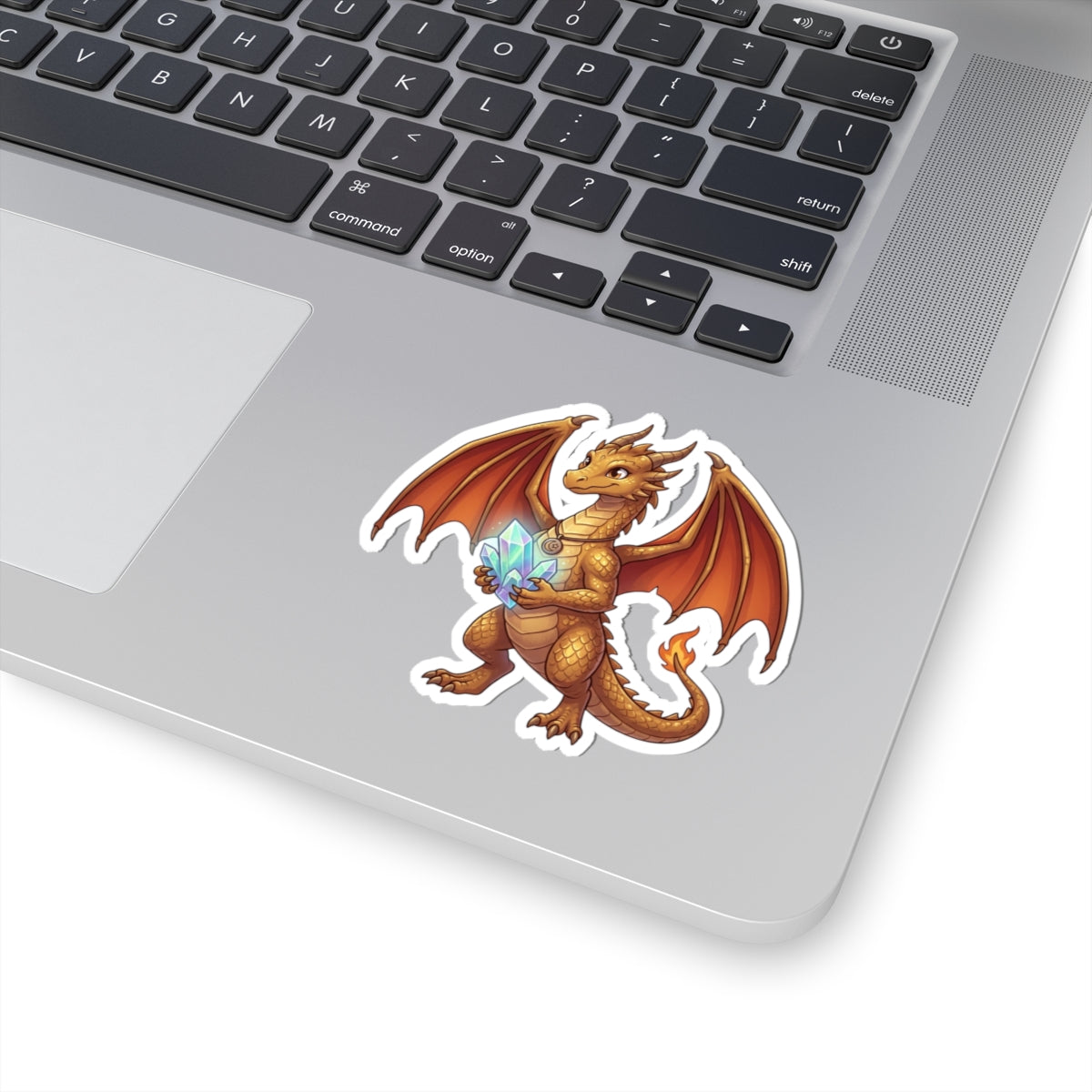 Golden Dragon Sticker — Cute Fantasy Dragon Holding Crystal Kiss-Cut Vinyl Sticker