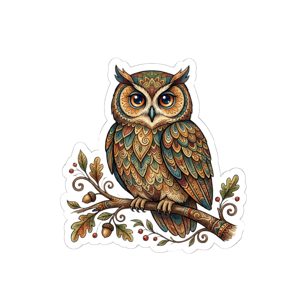 Owl Kiss-Cut Sticker — Detailed Boho Forest Owl on Branch (Laptop, Journal, Water Bottle Decal)