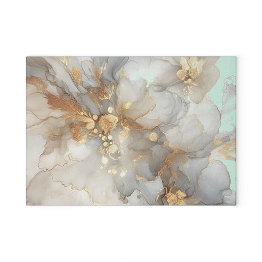Glass Cutting Board - Elegant Gold & Mint Abstract Floral Tempered Glass Chopping Board