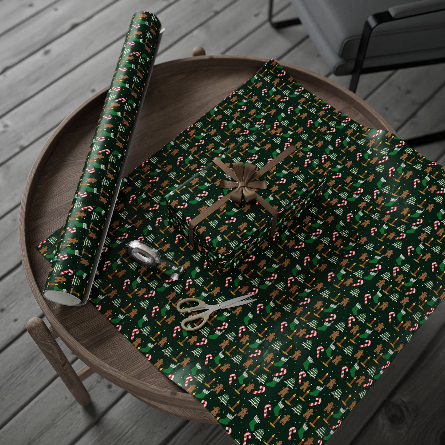 Christmas Wrapping Paper Roll — Gingerbread & Candy Cane Pattern on Dark Green