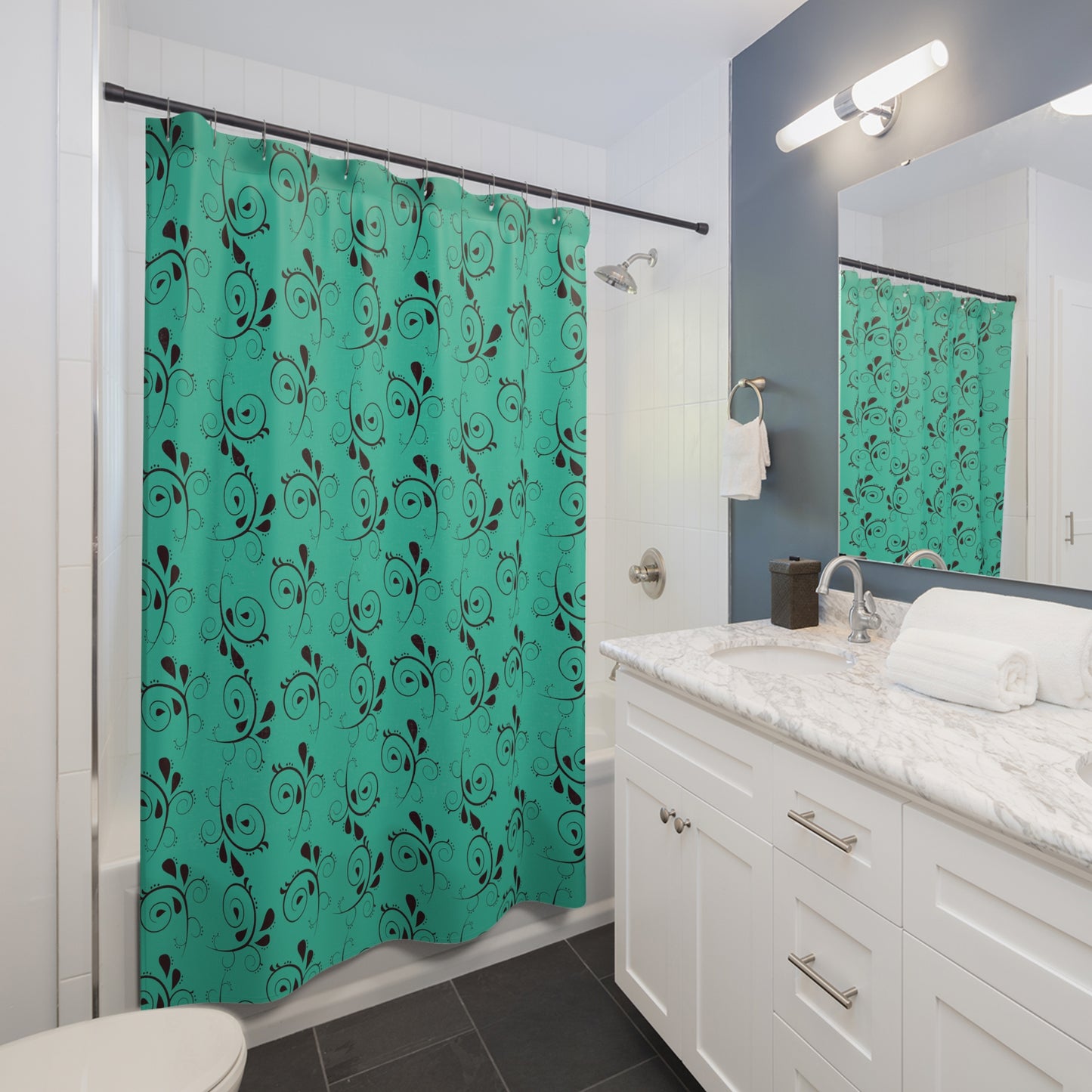 Teal Swirl Floral Shower Curtain – Elegant Black Vine Pattern Bathroom Décor