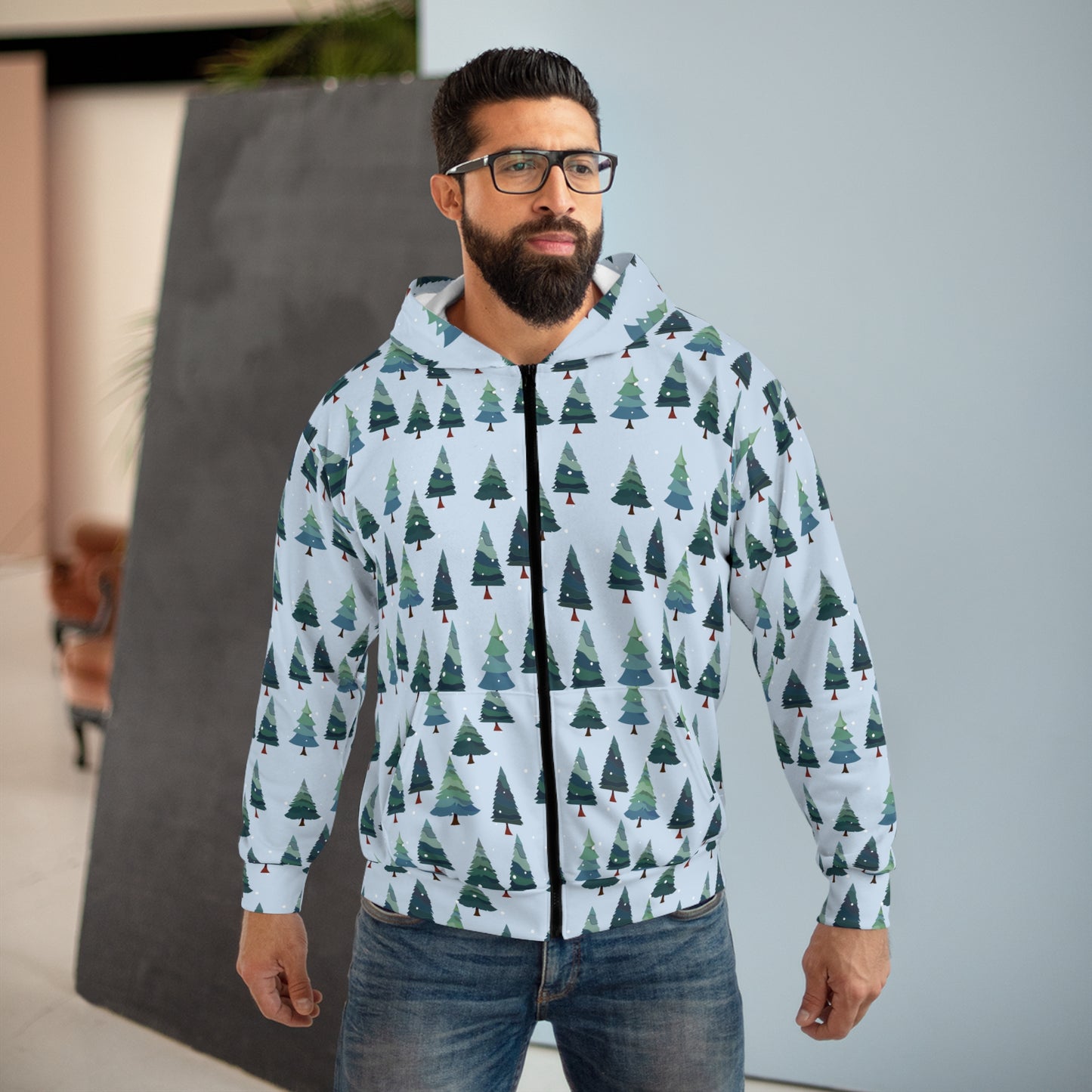 Cozy Forest Hoodie, Unisex Zip Hoodie, Tree Design, Winter Fashion, Christmas Gift, Outdoor Adventure Wear
