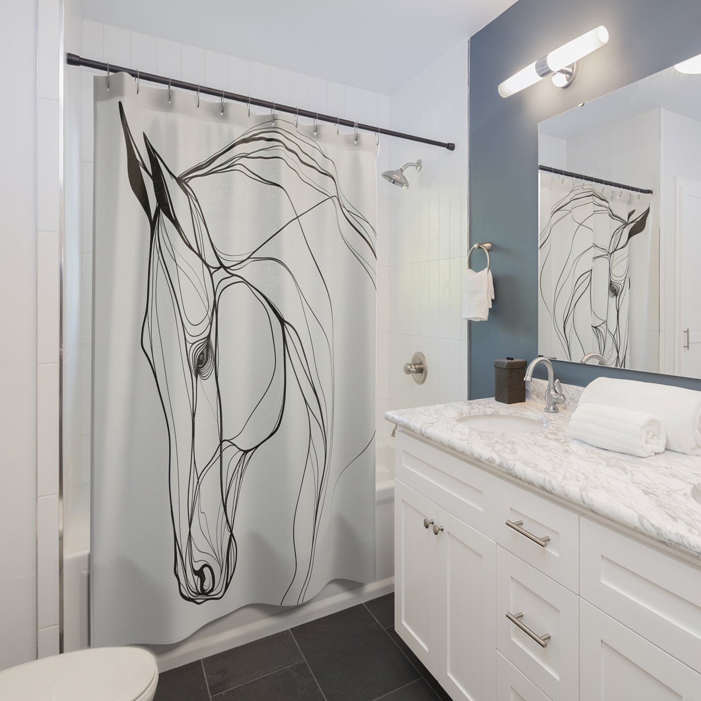 Horse Line Art Shower Curtain — Minimalist Black & White Equestrian Bath Decor