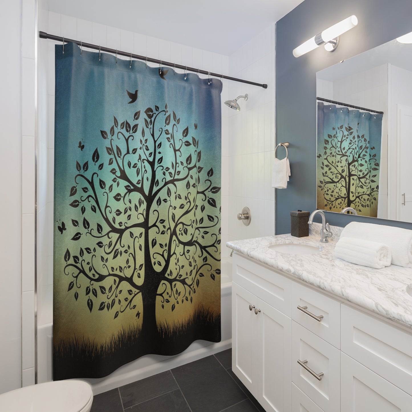 Tree Silhouette Shower Curtain — Bohemian Nature Bathroom Decor