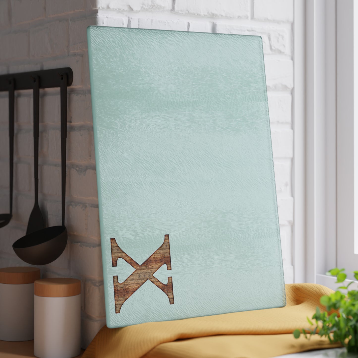 Monogram Glass Cutting Board — Minimal Mint or Clear Glass with Wood 'X' Accent