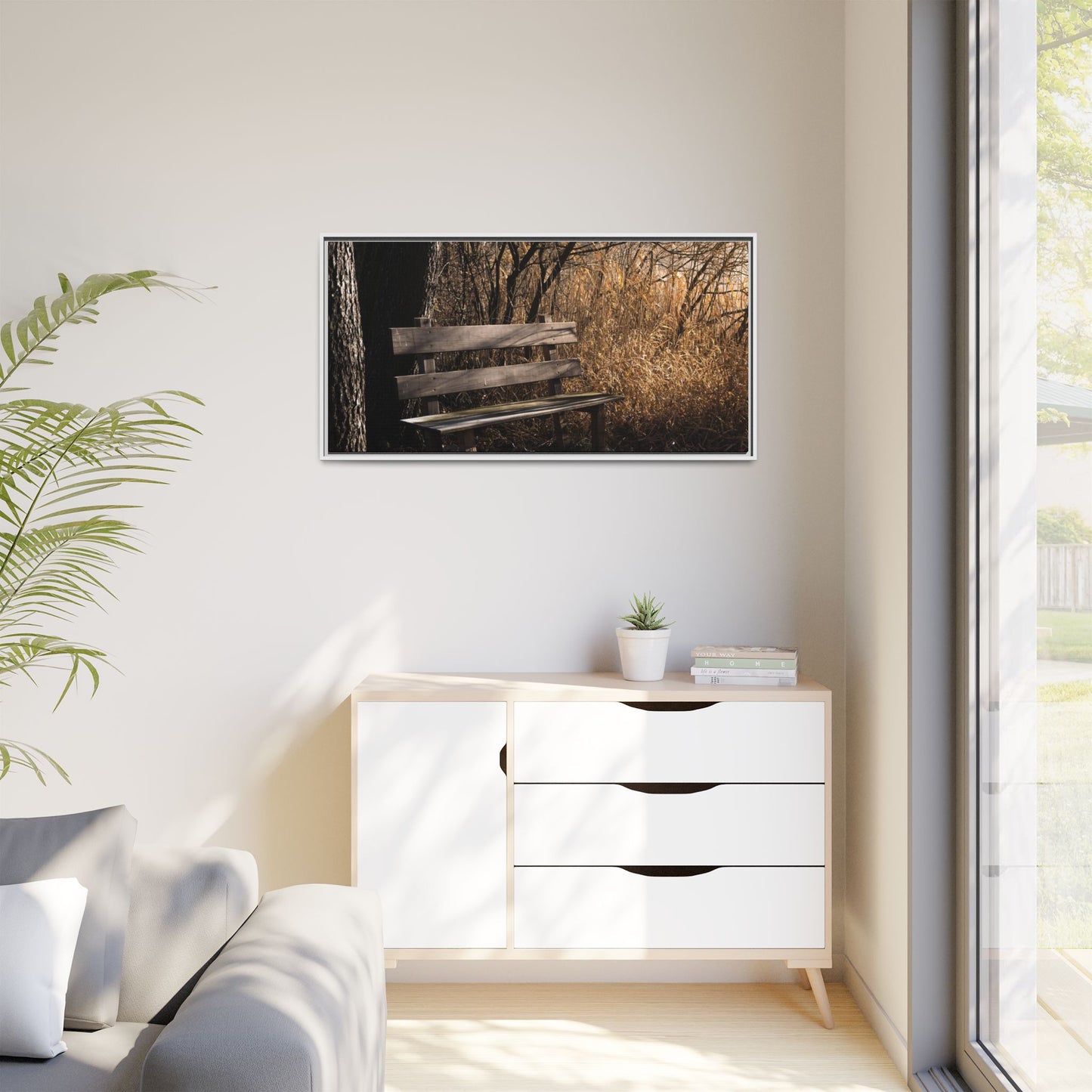 Framed Matte Canvas Print — Autumn Park Bench Photography