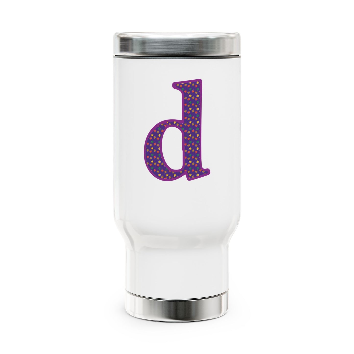 Monogram 'd' Purple Polka Dot Travel Mug – 14oz Stainless Steel with Handle