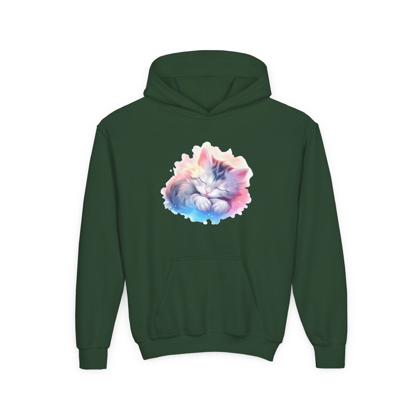 Kids' Cozy Rainbow Kitten Hoodie — Cute Sleeping Cat Youth Sweatshirt