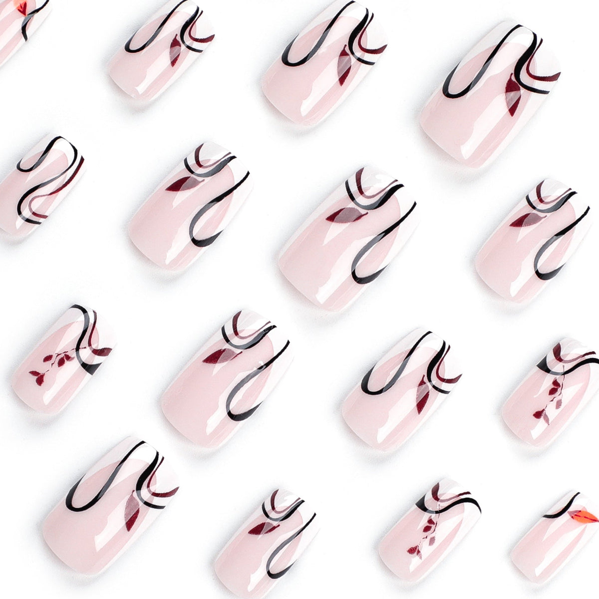 French white edge autumn and winter deciduous leaves wear nail pads black curve lines manicure square nail pads – Image 3