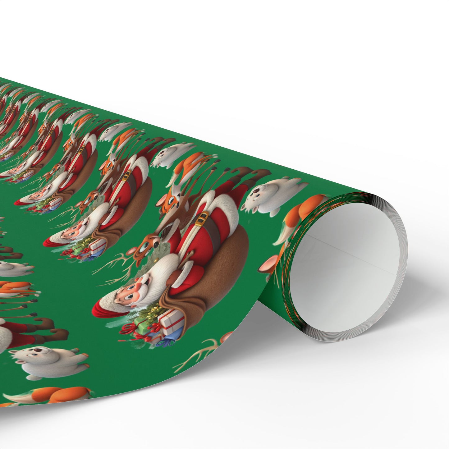 Christmas Santa & Reindeer Wrapping Paper Roll — Festive Green Holiday Gift Wrap