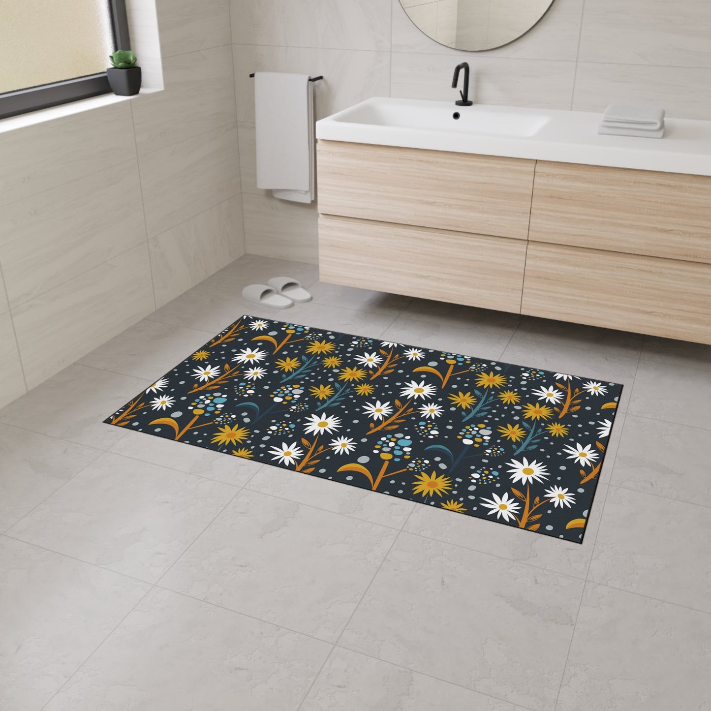 Floral Daisies Heavy Duty Floor Mat — Dark Botanical Entry Rug