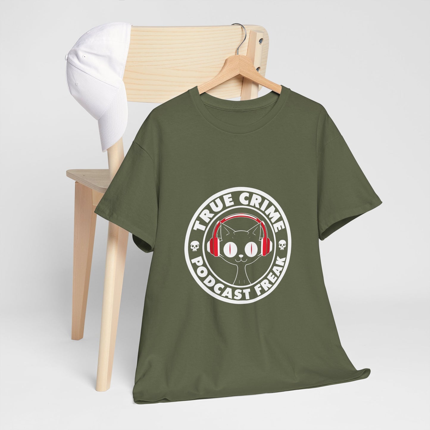 True Crime Podcast Tee — Cat with Headphones Logo