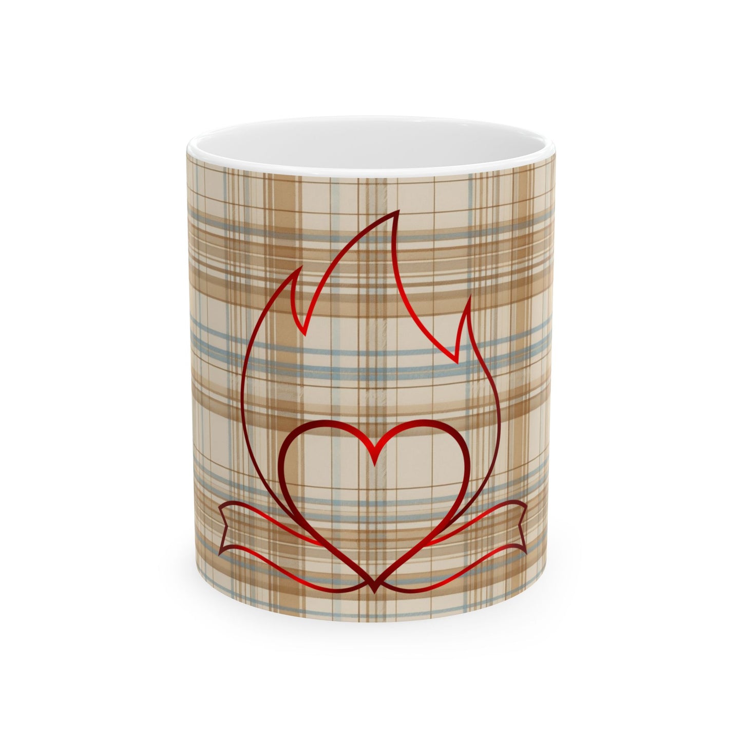 Plaid Heart Flame Ceramic Mug – Cozy Rustic Coffee Cup (11oz/15oz)